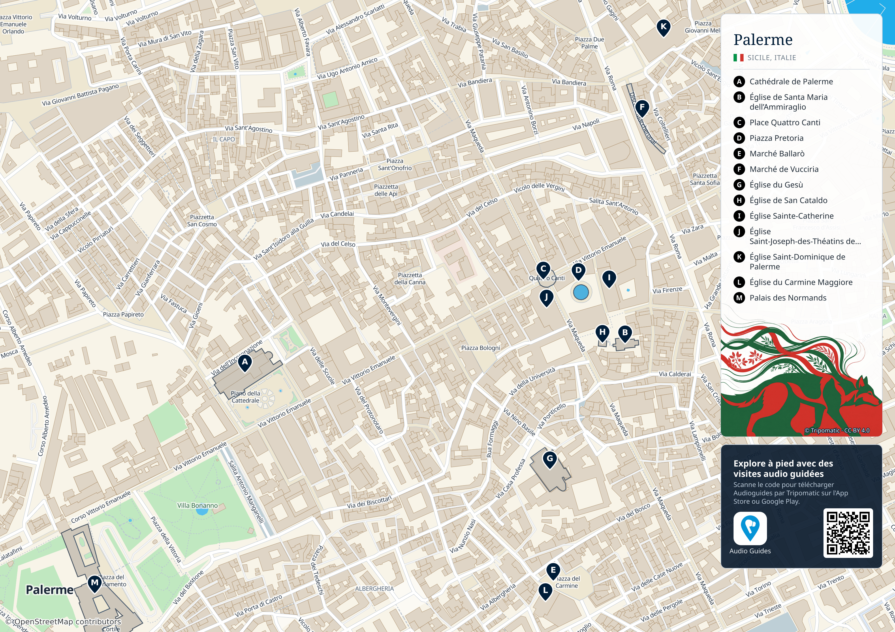 Palerme – carte touristique imprimable avec attractions majeures numérotées