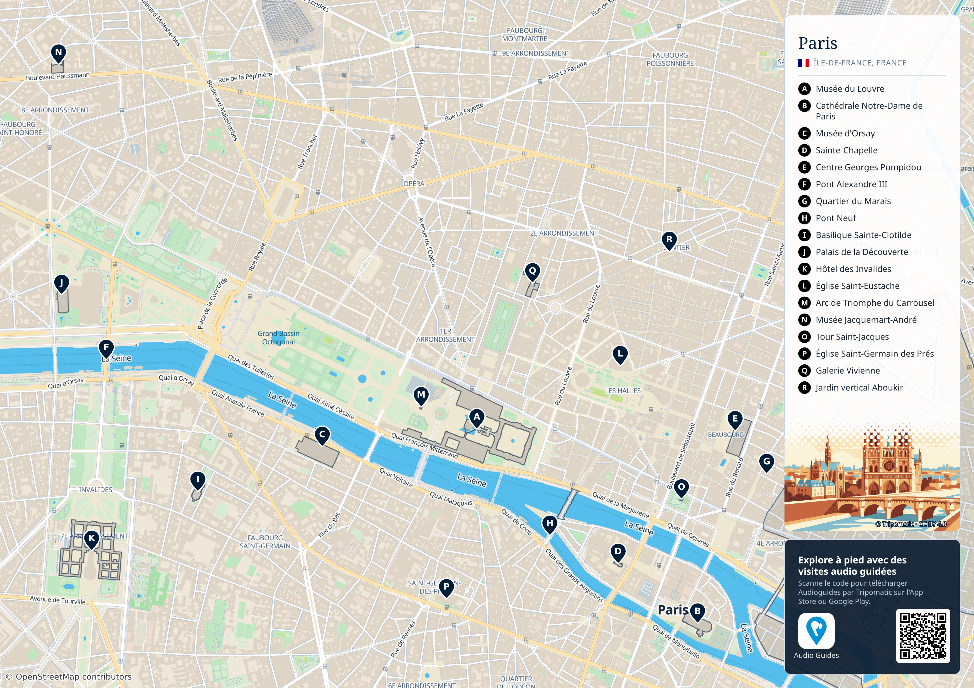 Paris – carte touristique imprimable avec attractions majeures numérotées