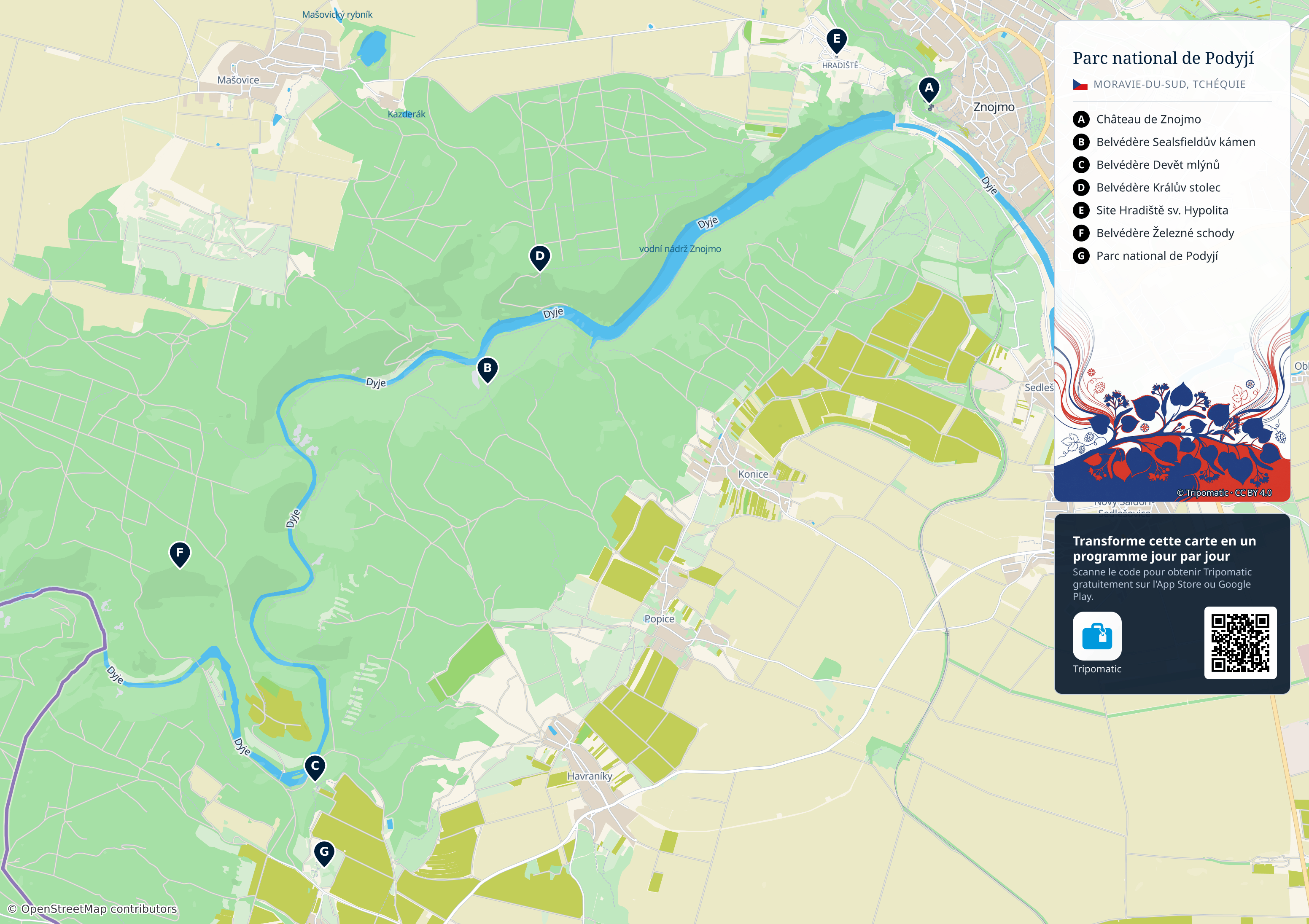 Parc national de Podyjí – carte touristique imprimable avec attractions majeures numérotées