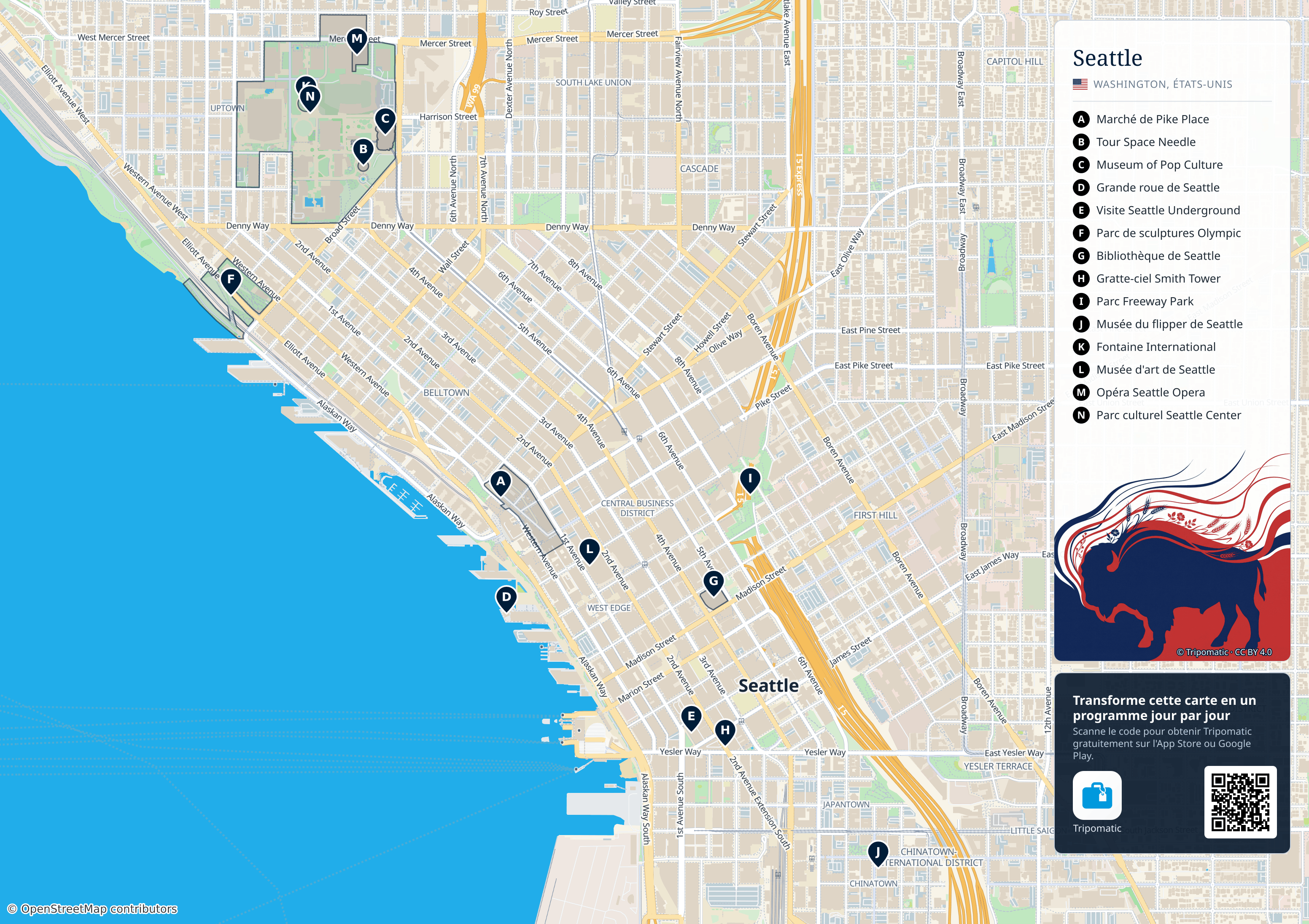 Seattle – carte touristique imprimable avec attractions majeures numérotées
