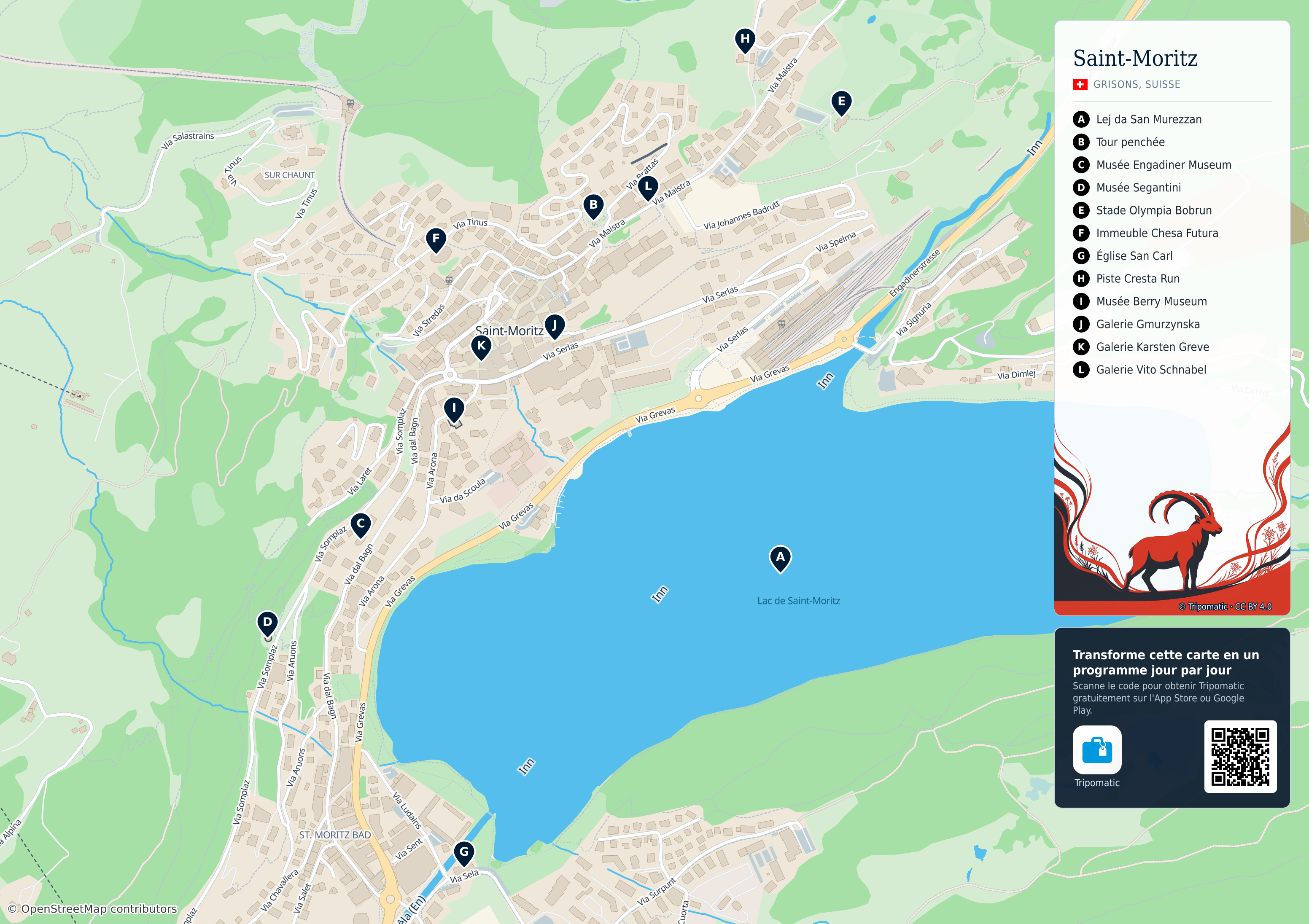 Saint-Moritz – carte touristique imprimable avec attractions majeures numérotées