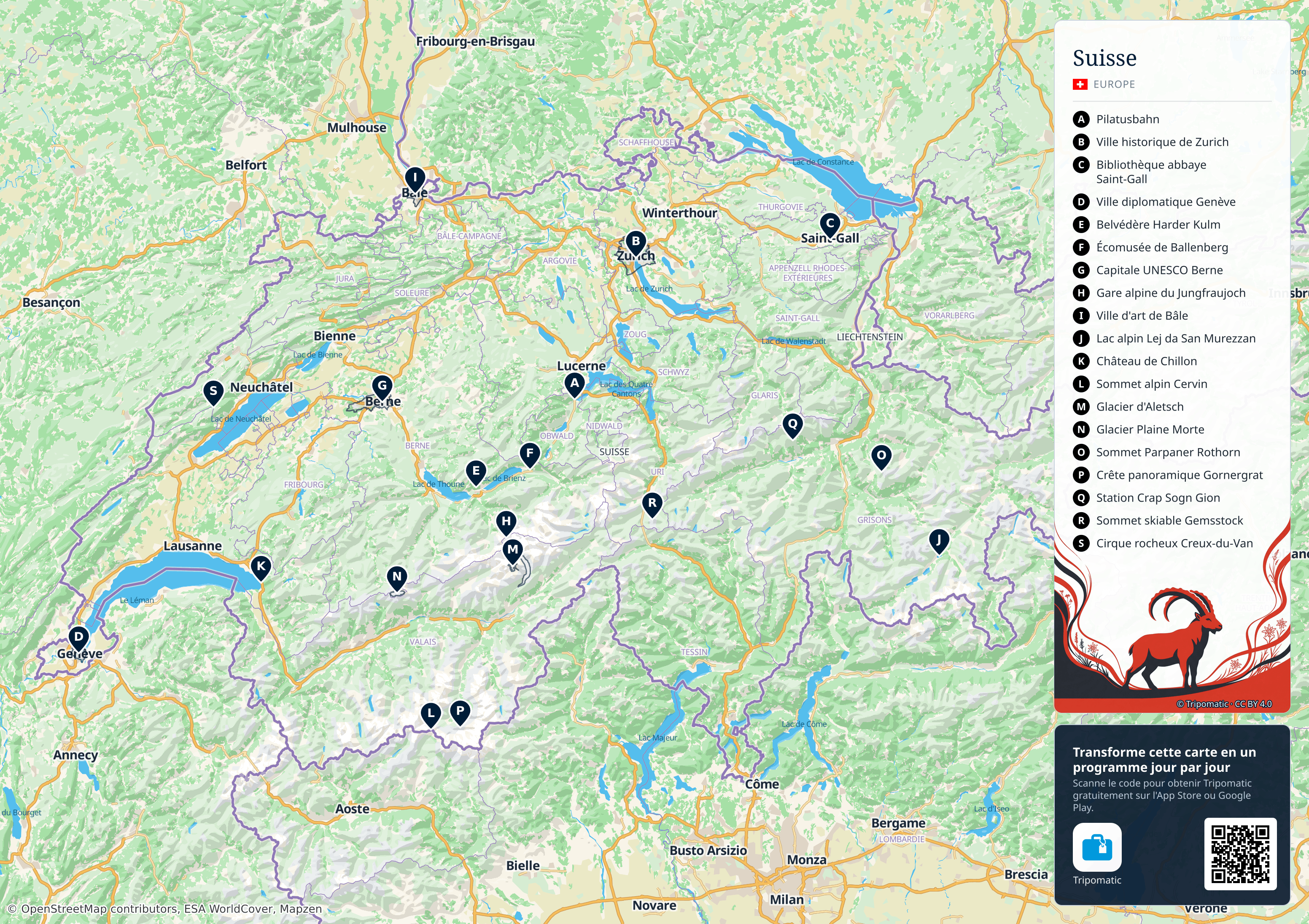 Suisse – carte touristique imprimable avec attractions majeures numérotées