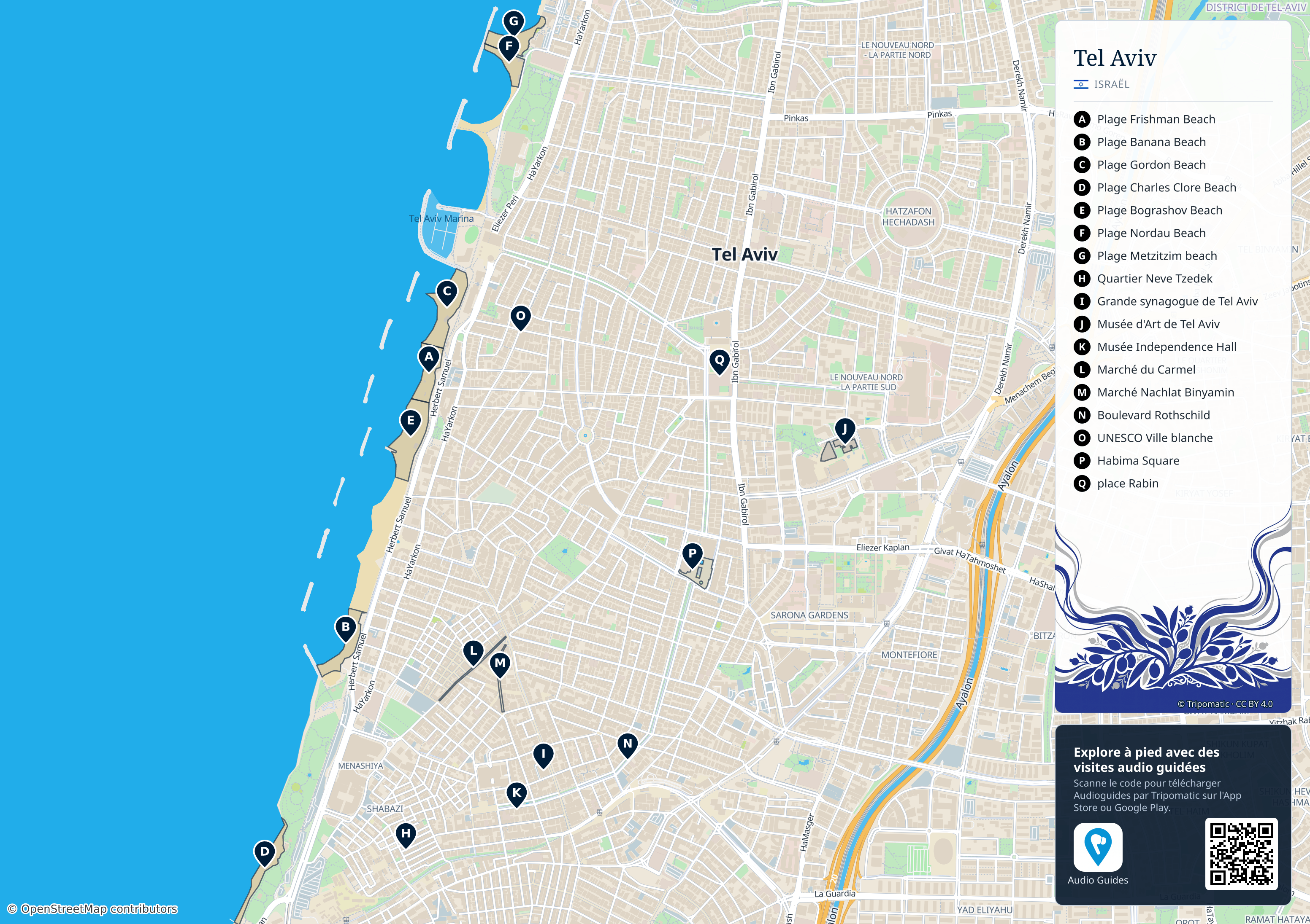 Tel Aviv – carte touristique imprimable avec attractions majeures numérotées