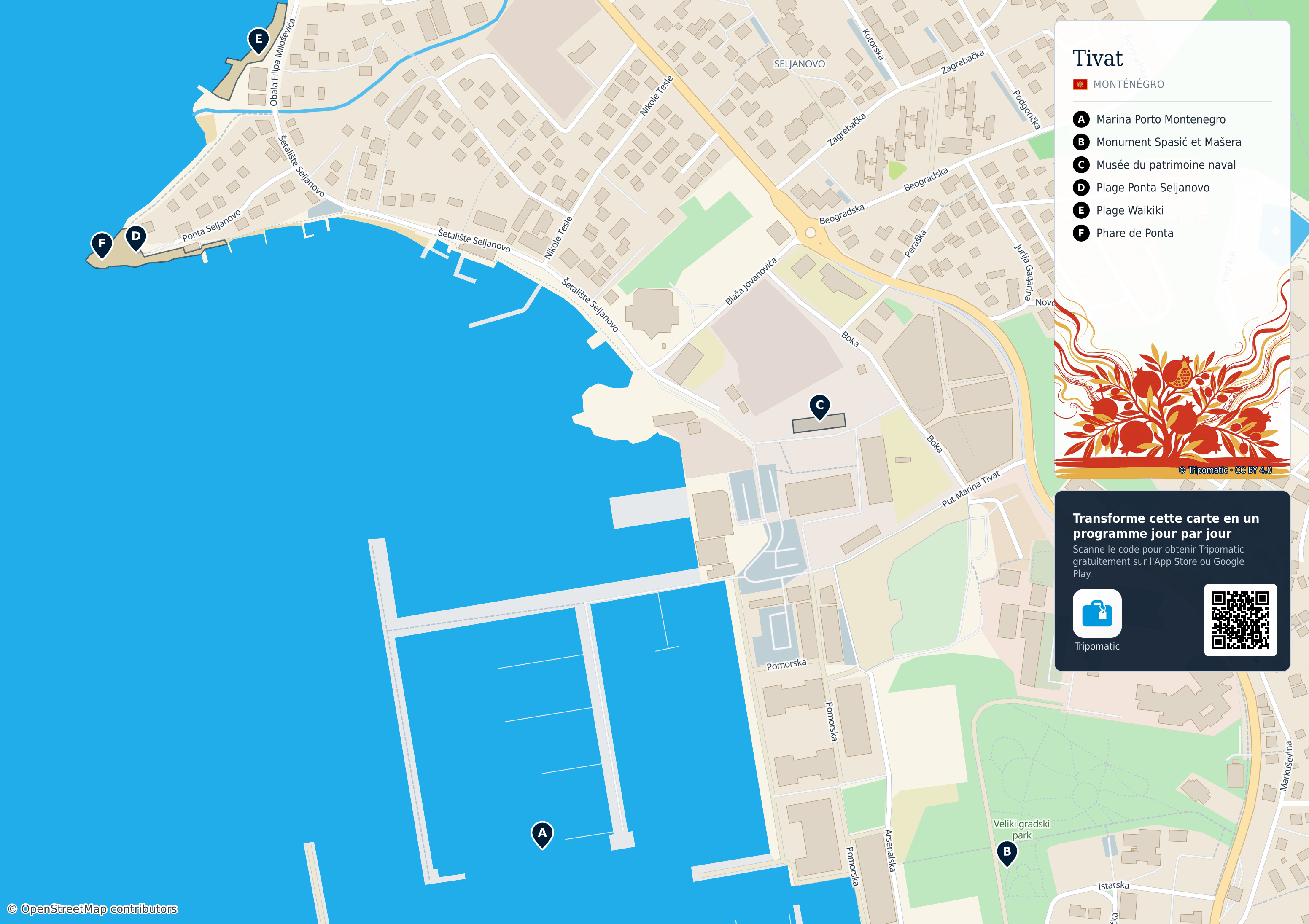 Tivat – carte touristique imprimable avec attractions majeures numérotées