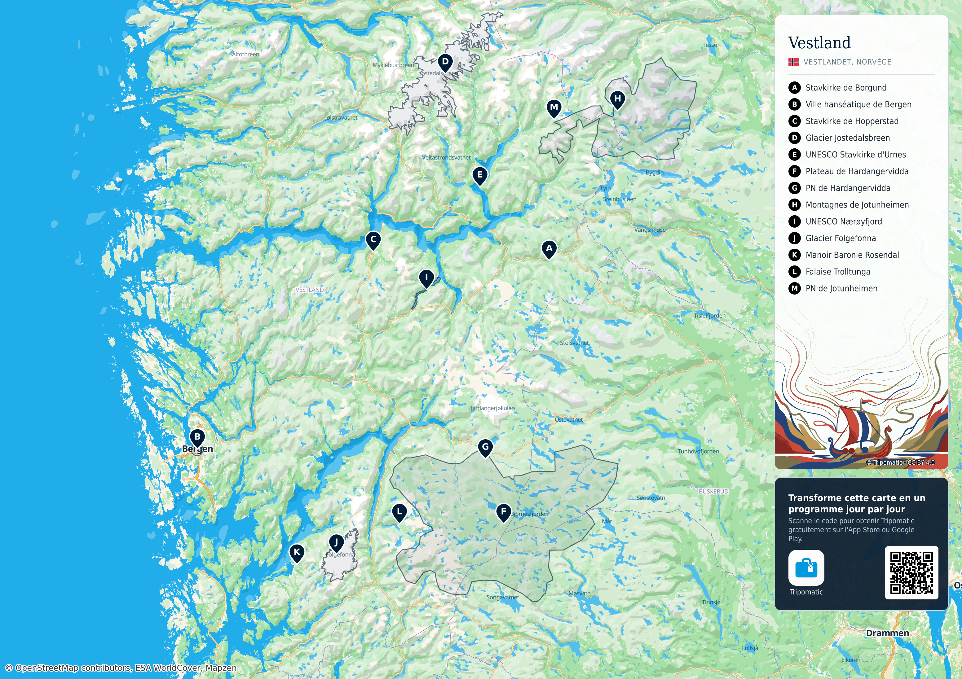 Vestland – carte touristique imprimable avec attractions majeures numérotées