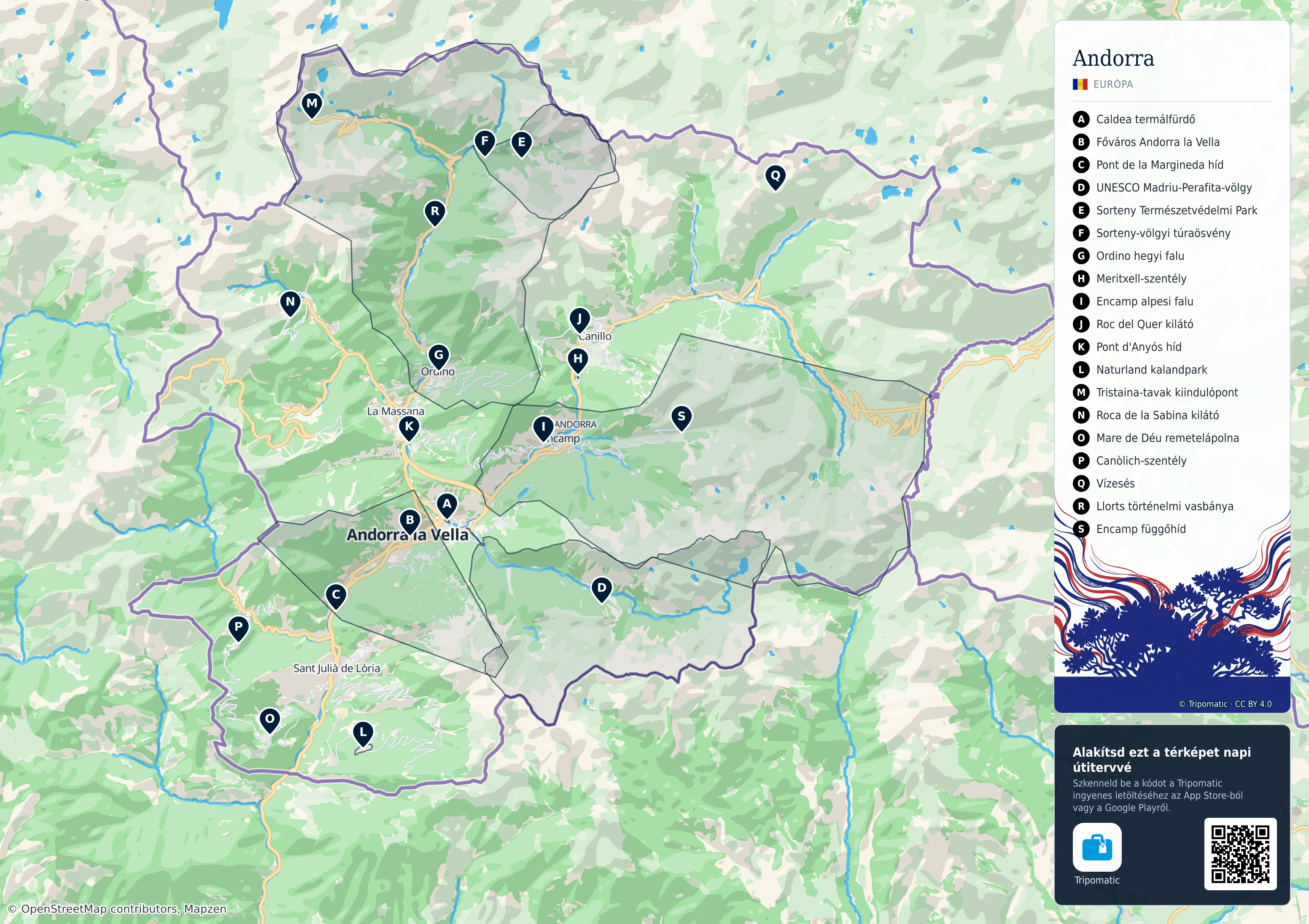 Andorra – nyomtatható turistatérkép számozott legfontosabb látnivalókkal