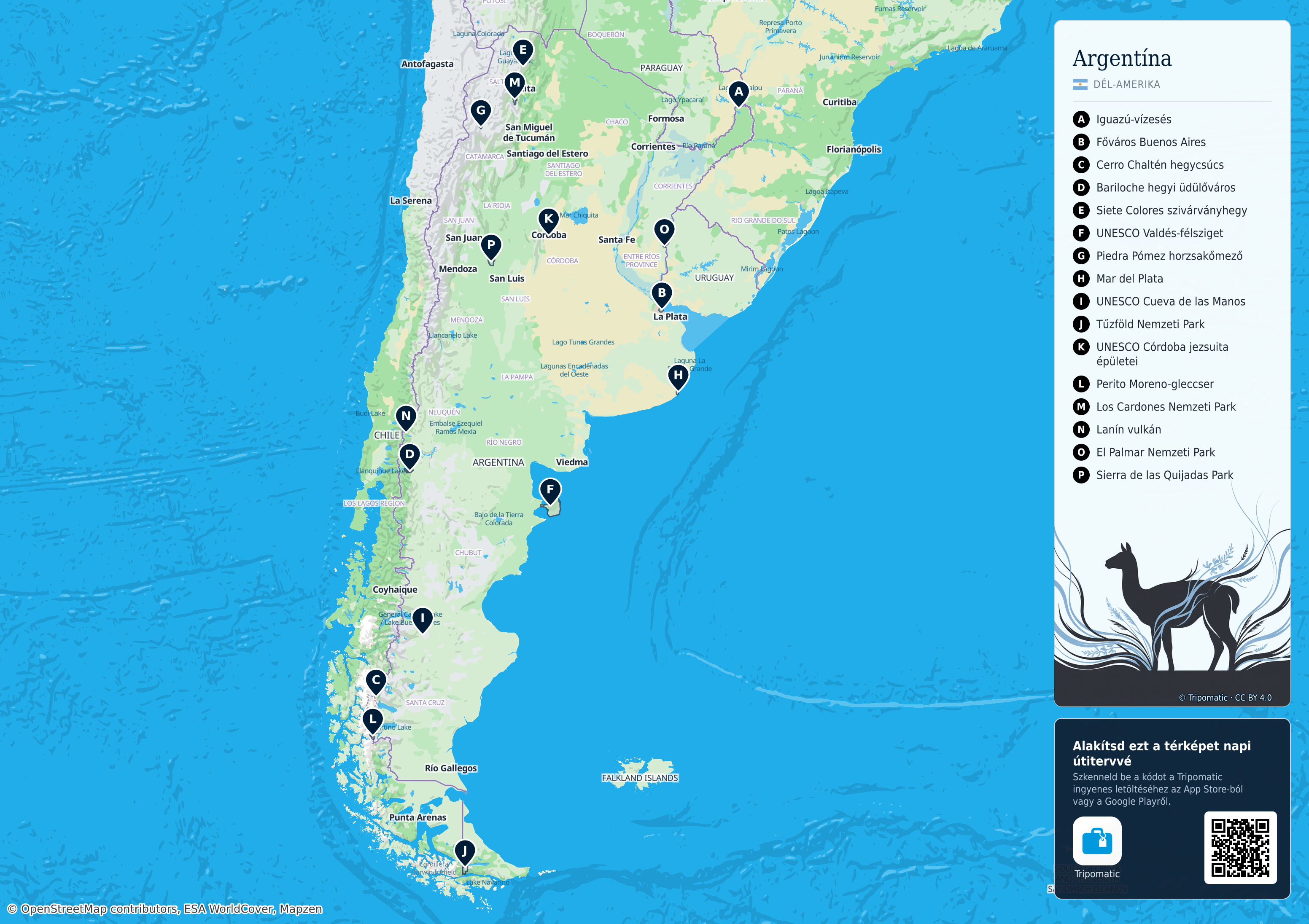 Argentína – nyomtatható turistatérkép számozott legfontosabb látnivalókkal