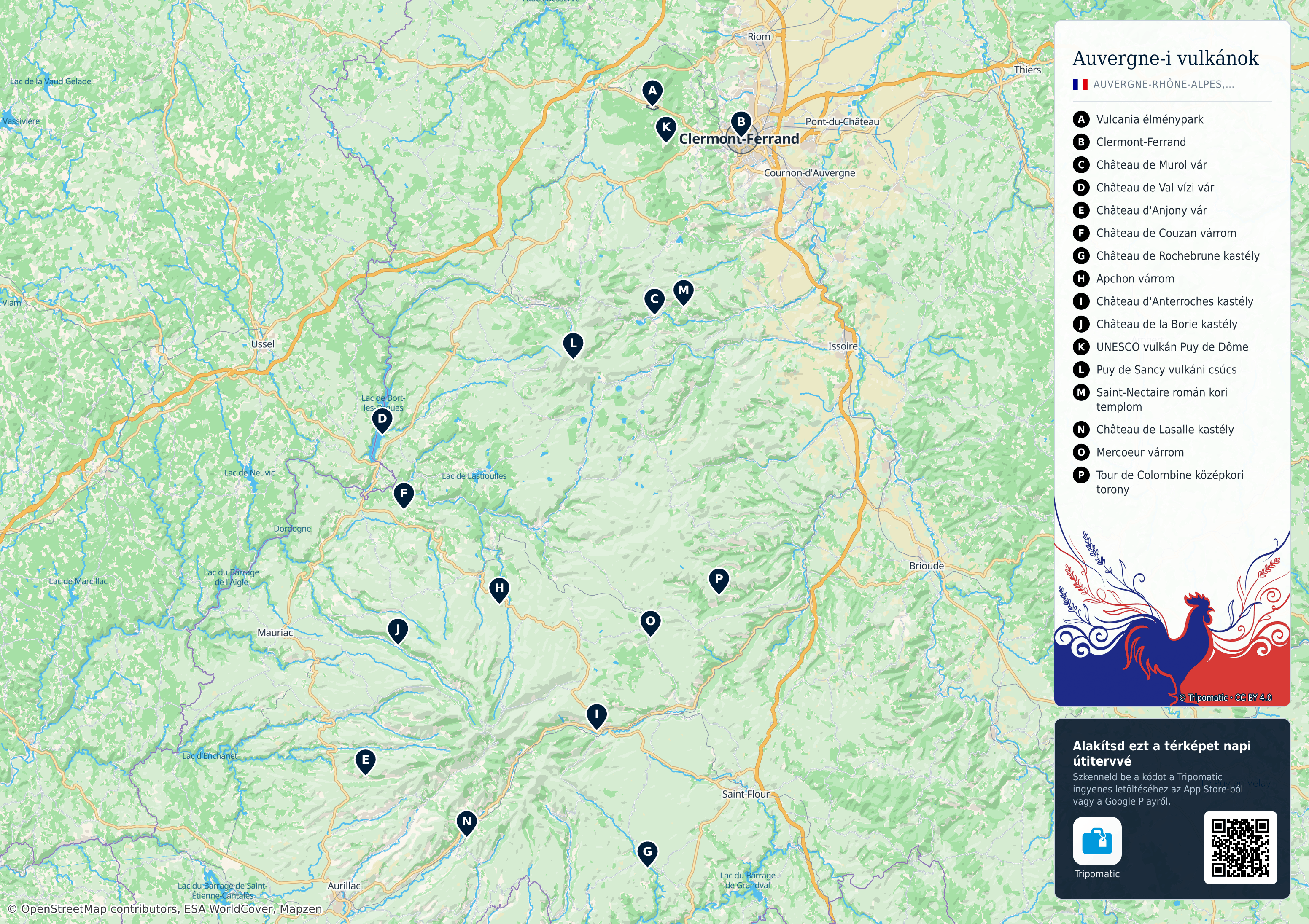 Auvergne-i Vulkánok Regionális Park – nyomtatható turistatérkép számozott legfontosabb látnivalókkal