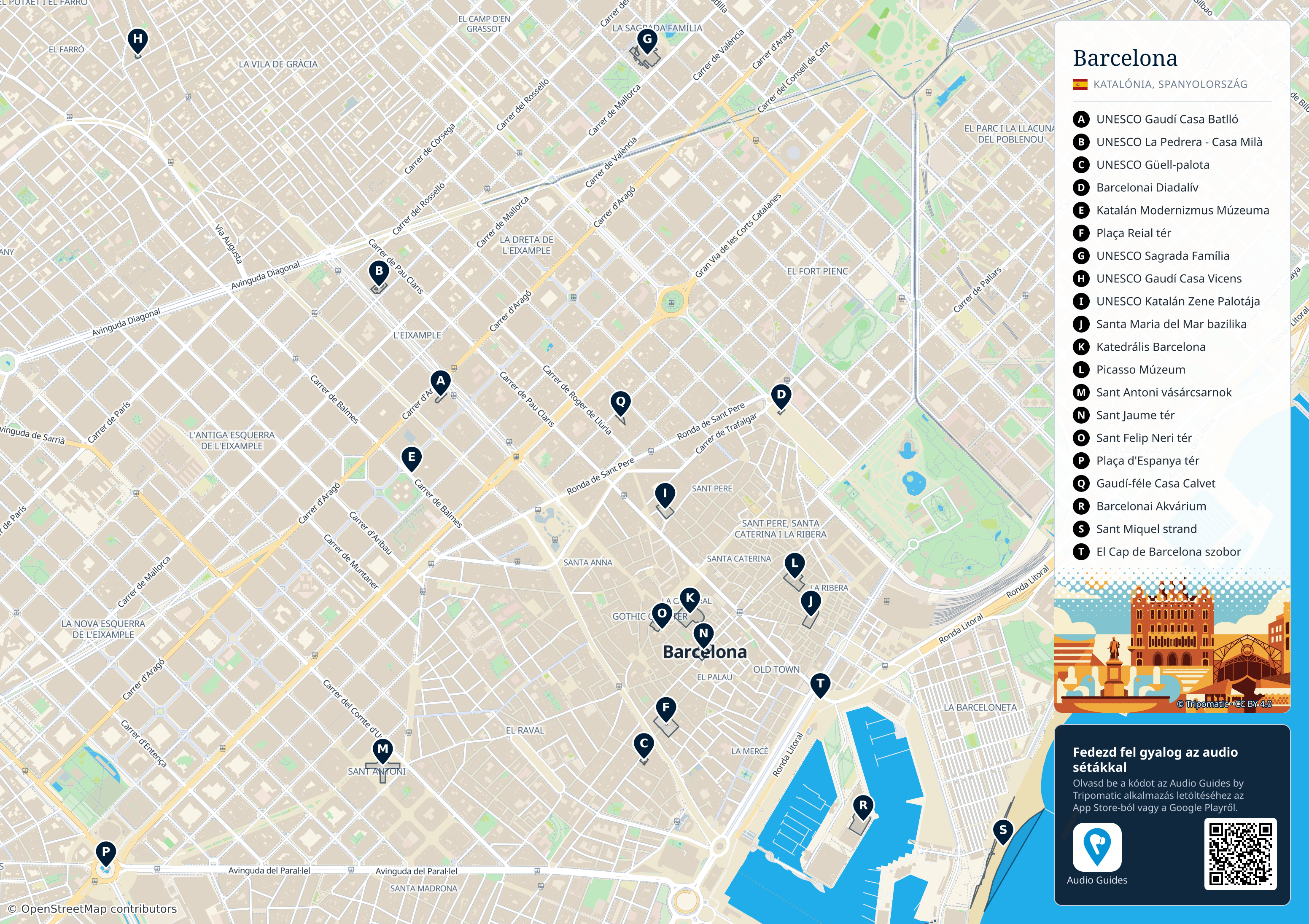 Barcelona – nyomtatható turistatérkép számozott legfontosabb látnivalókkal