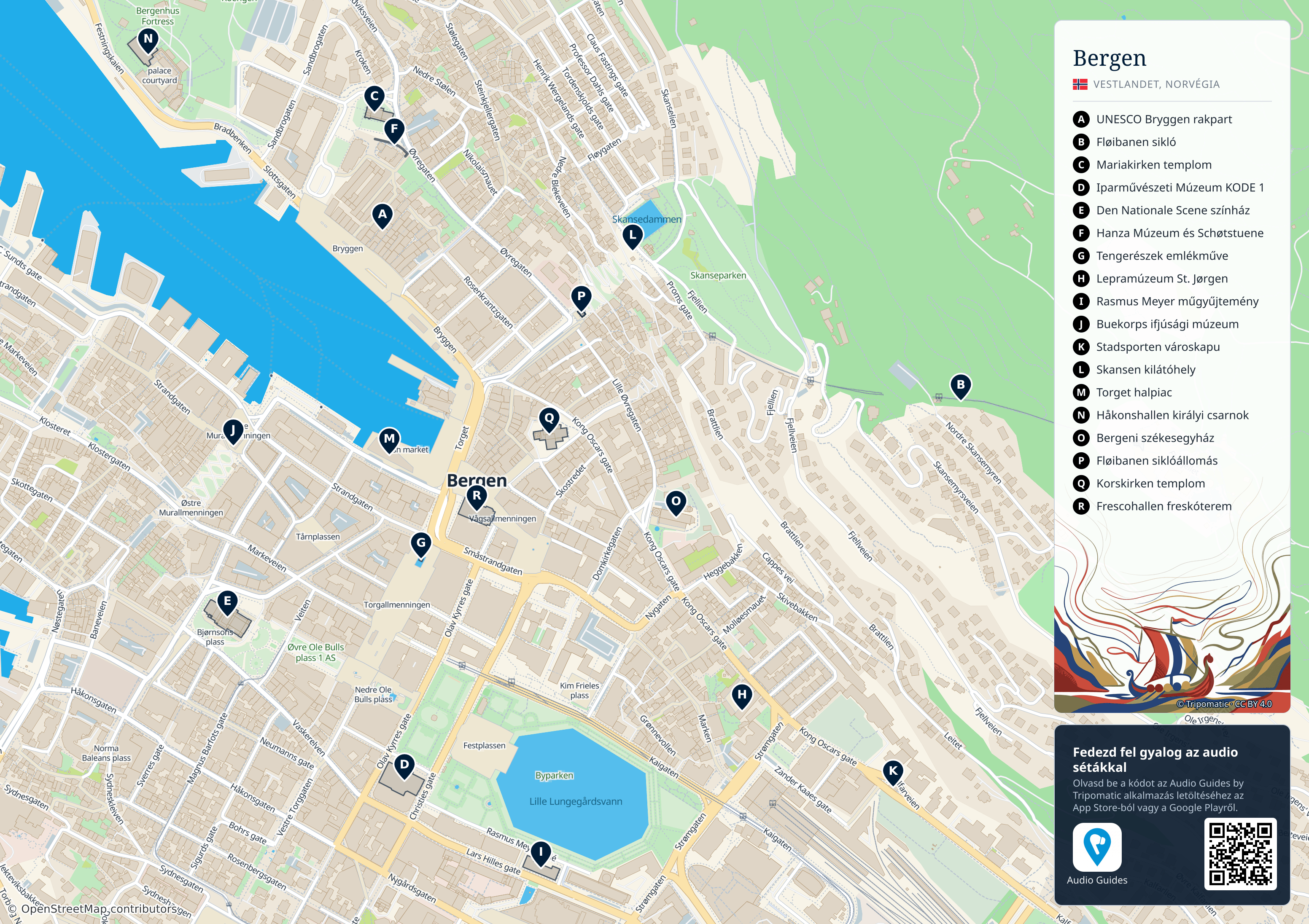 Bergen – nyomtatható turistatérkép számozott legfontosabb látnivalókkal