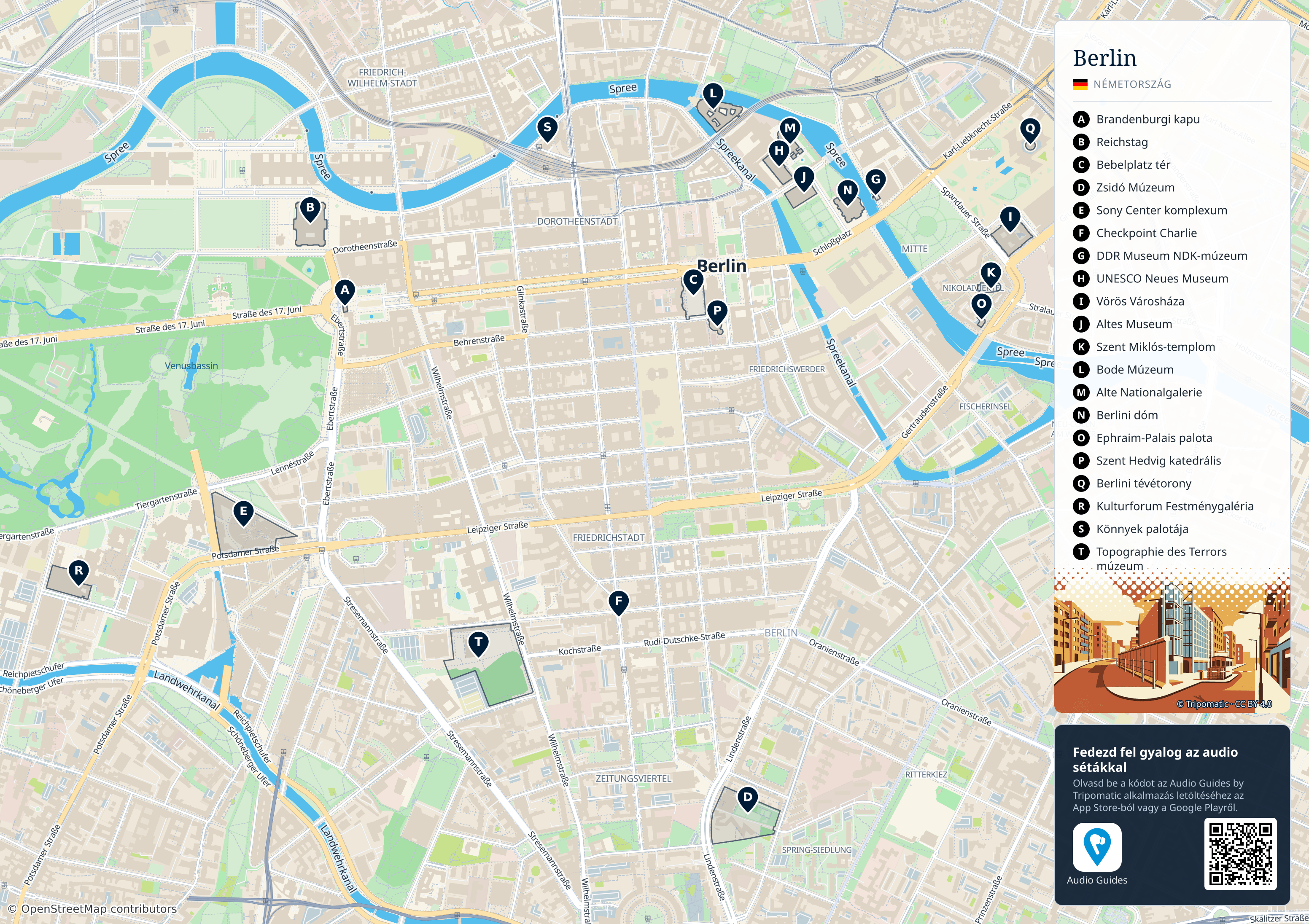 Berlin – nyomtatható turistatérkép számozott legfontosabb látnivalókkal