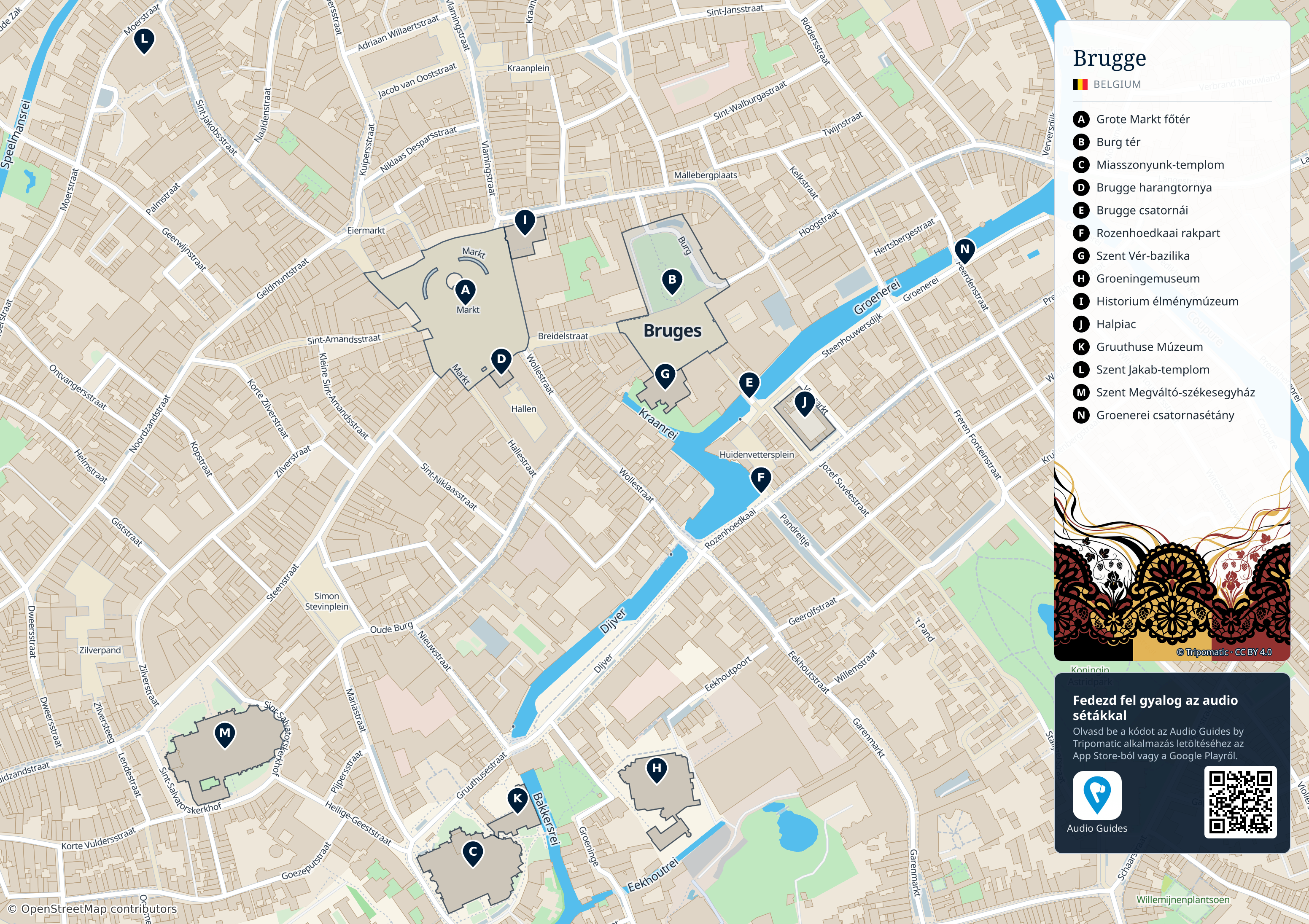 Brugge – nyomtatható turistatérkép számozott legfontosabb látnivalókkal