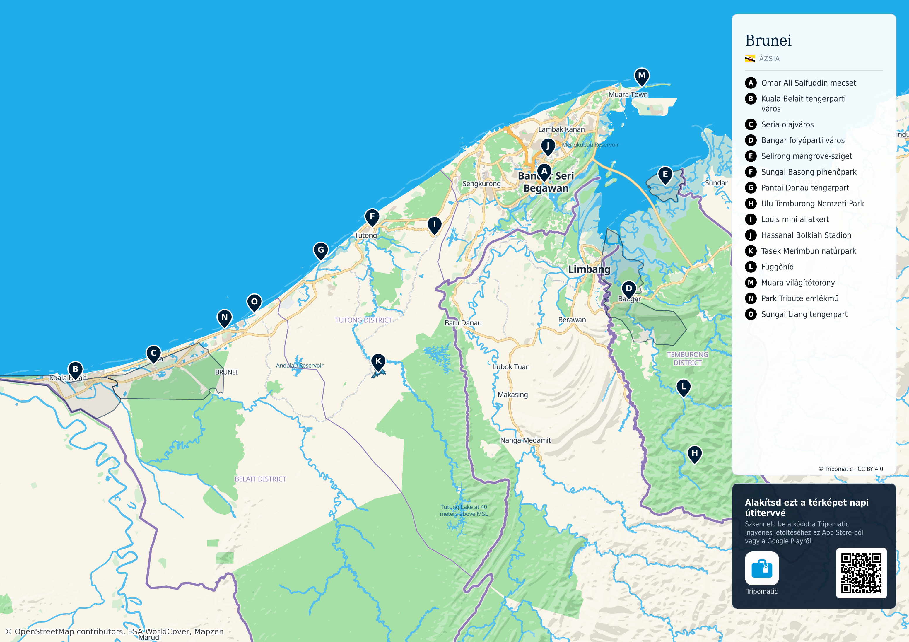 Brunei – nyomtatható turistatérkép számozott legfontosabb látnivalókkal