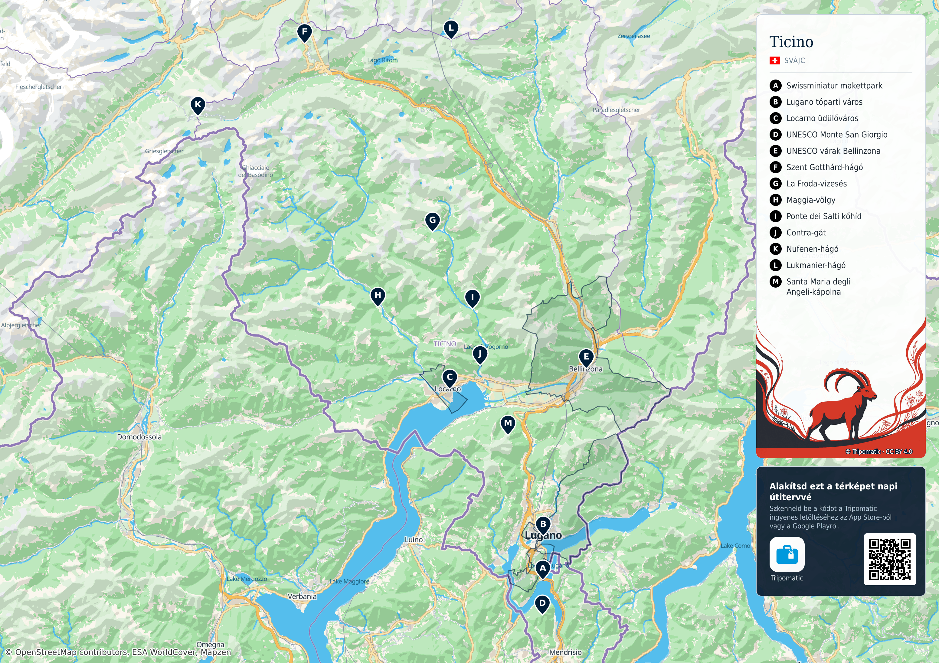 Ticino kanton – nyomtatható turistatérkép számozott legfontosabb látnivalókkal