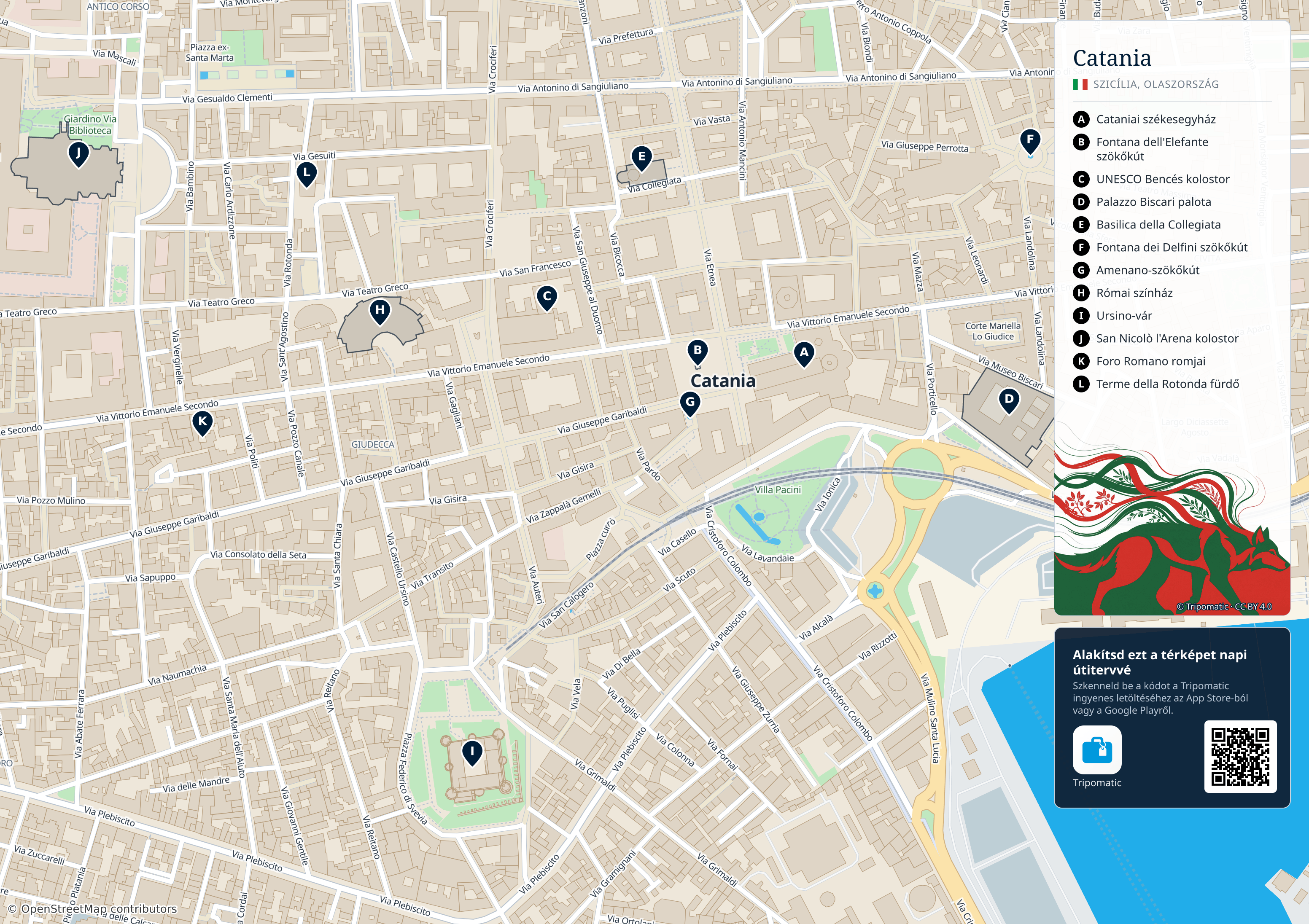 Catania – nyomtatható turistatérkép számozott legfontosabb látnivalókkal