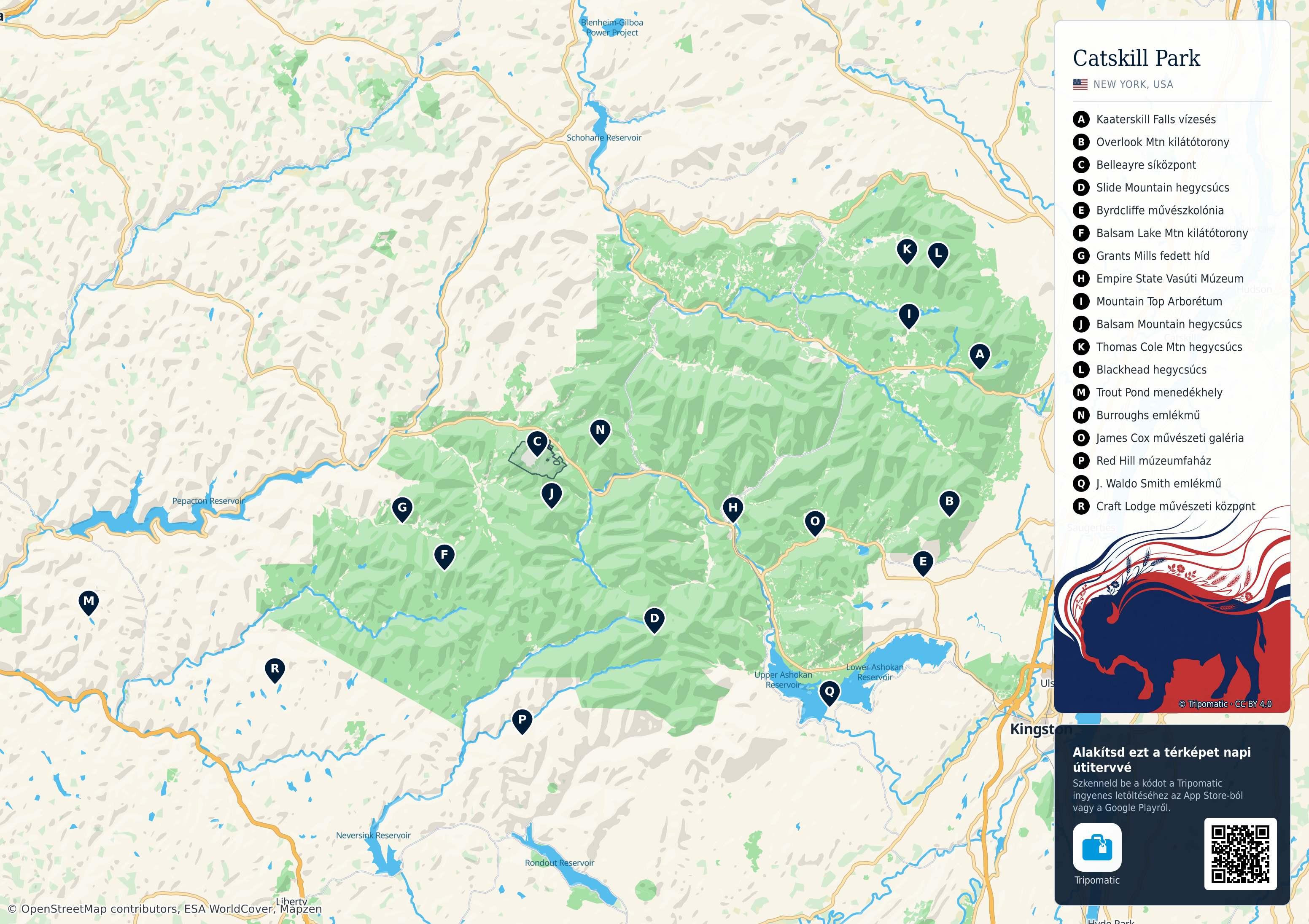 Catskill Park – nyomtatható turistatérkép számozott legfontosabb látnivalókkal