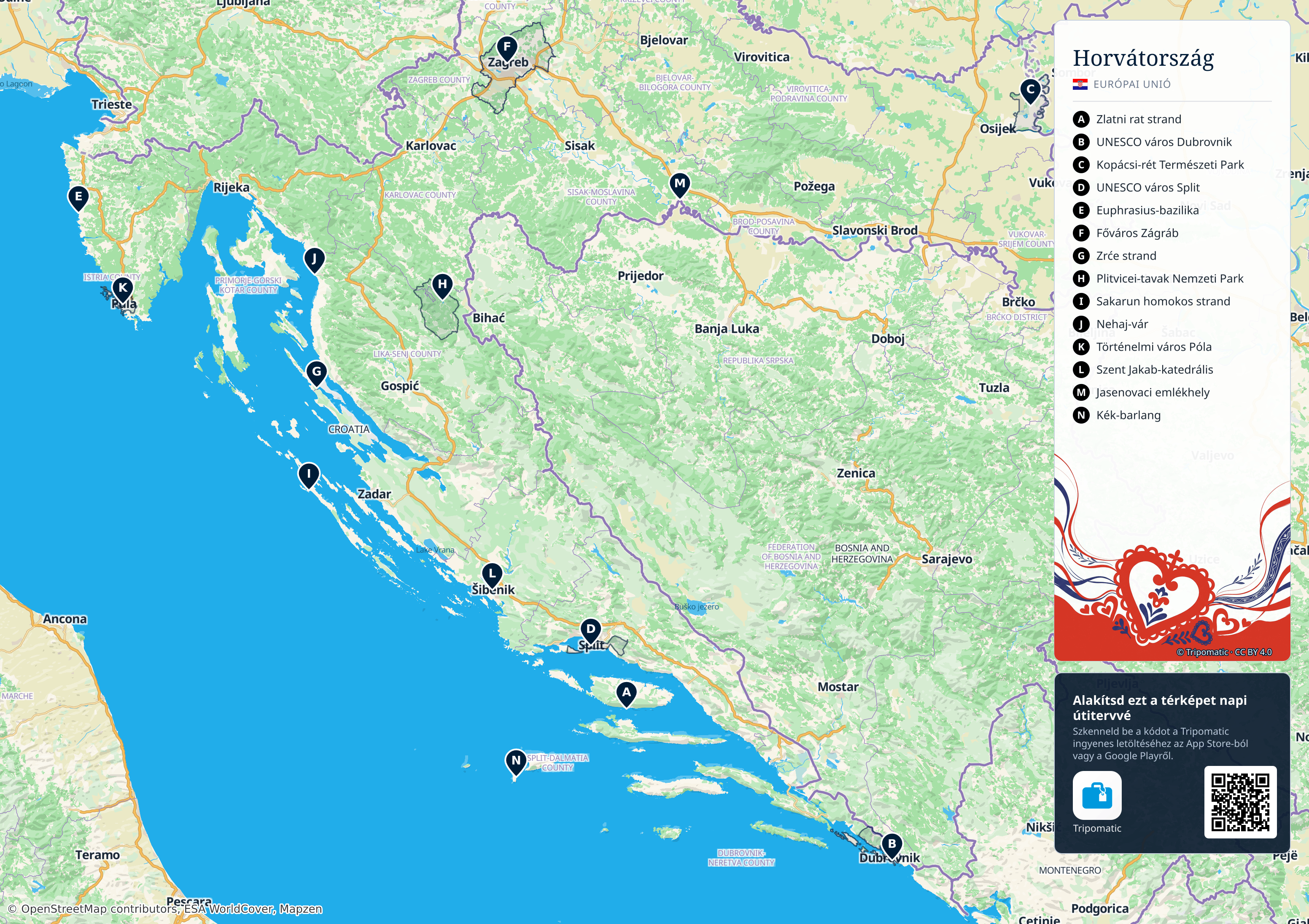 Horvátország – nyomtatható turistatérkép számozott legfontosabb látnivalókkal