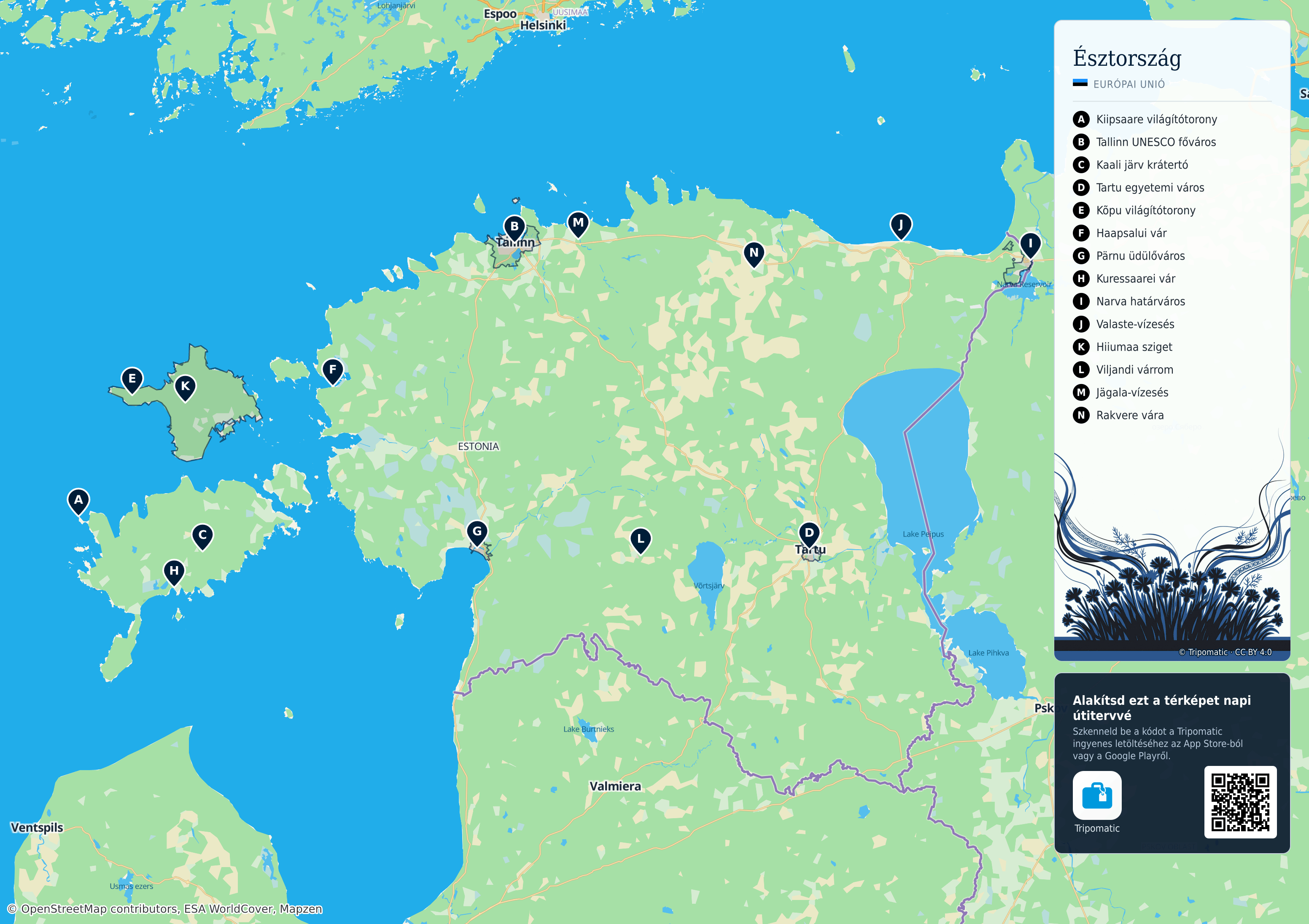 Észtország – nyomtatható turistatérkép számozott legfontosabb látnivalókkal