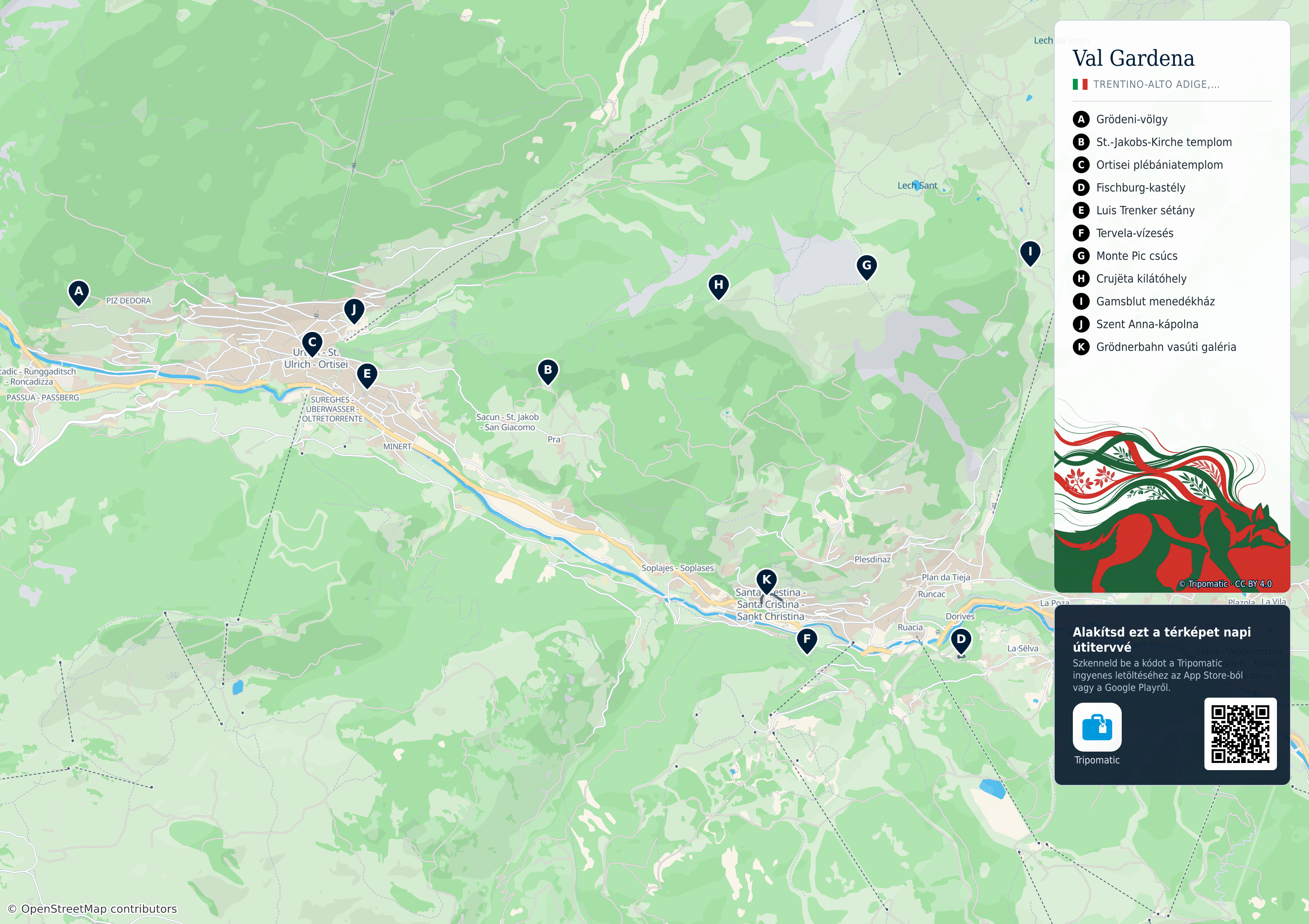 Gherdëina - Grödnertal - Val Gardena – nyomtatható turistatérkép számozott legfontosabb látnivalókkal