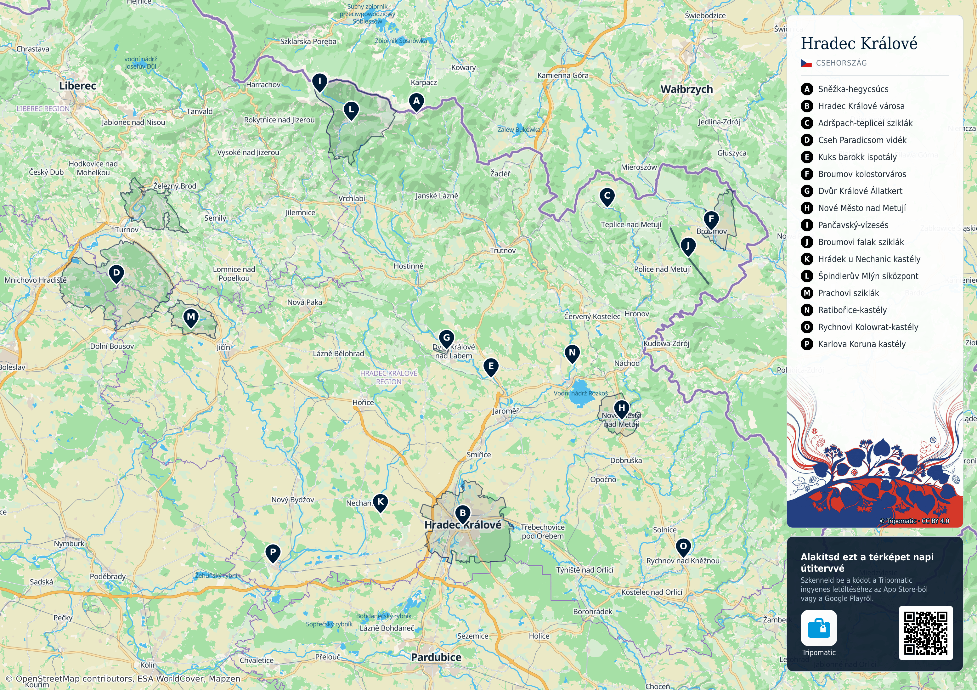 Hradec Králové-i kerület – nyomtatható turistatérkép számozott legfontosabb látnivalókkal