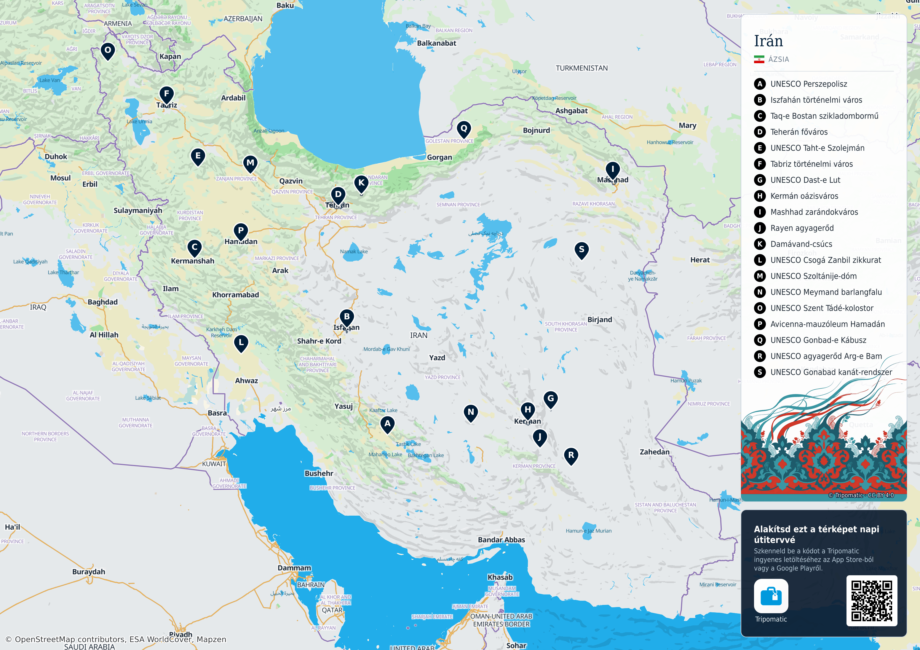 Irán – nyomtatható turistatérkép számozott legfontosabb látnivalókkal