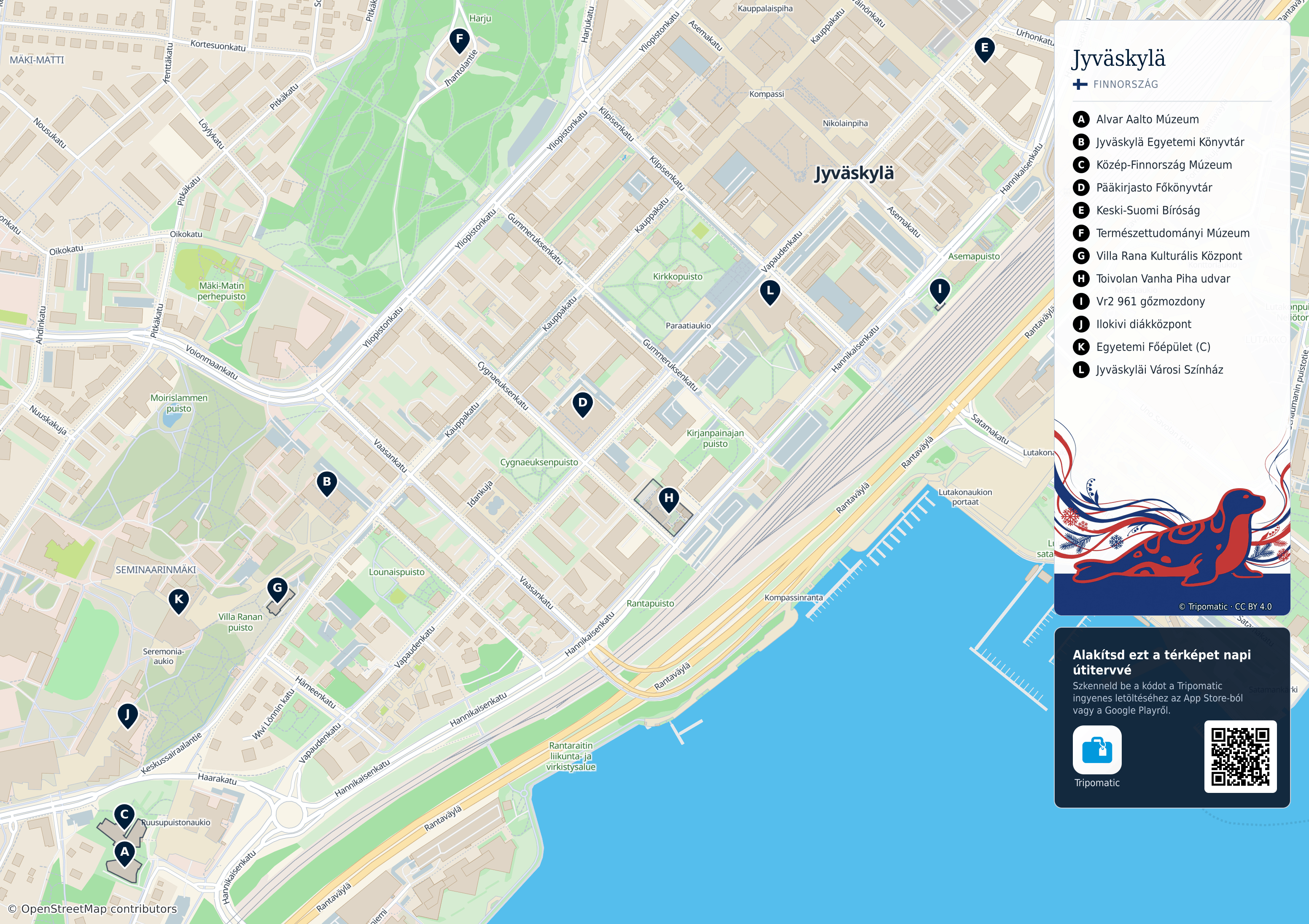 Jyväskylä – nyomtatható turistatérkép számozott legfontosabb látnivalókkal