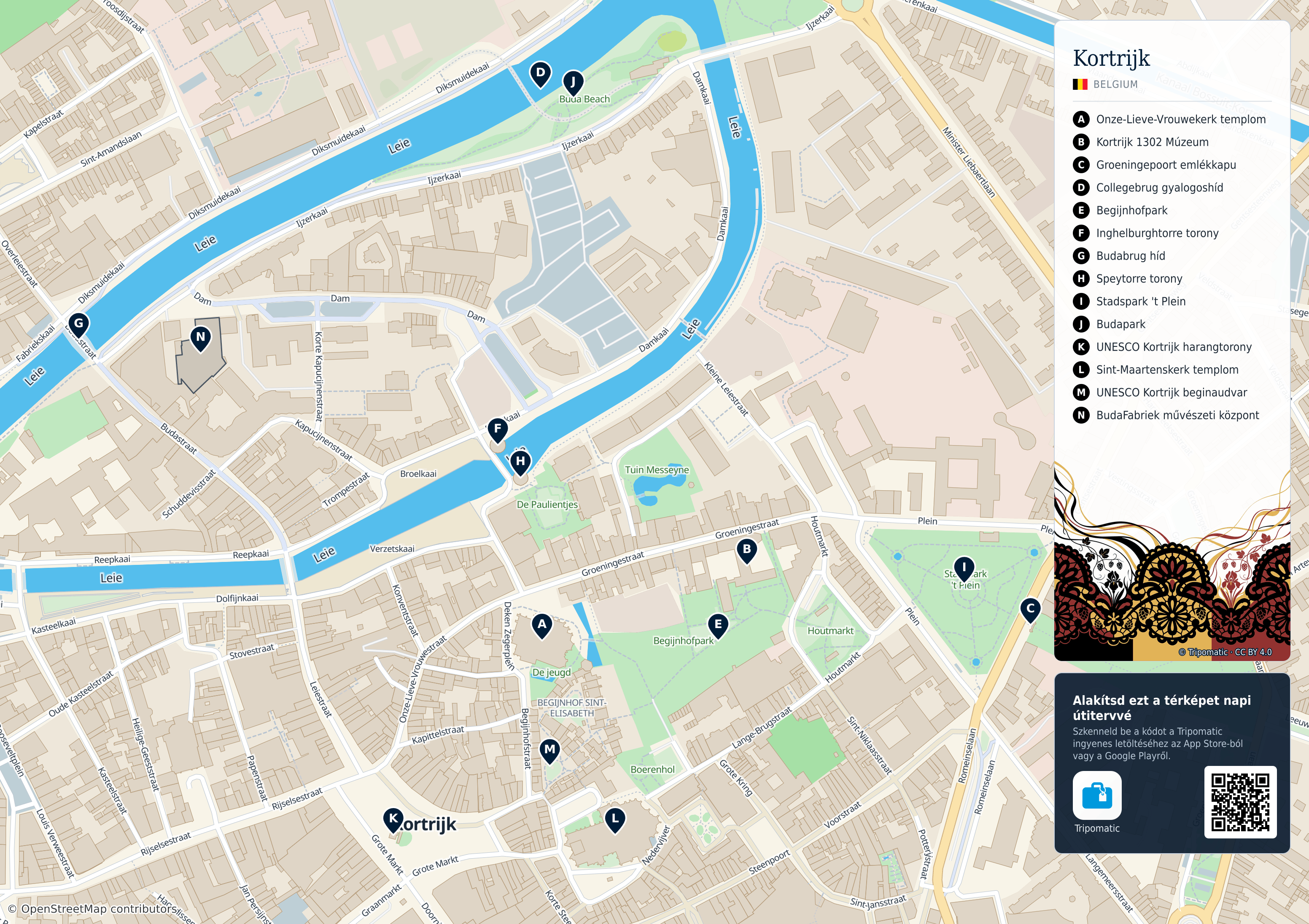 Kortrijk – nyomtatható turistatérkép számozott legfontosabb látnivalókkal