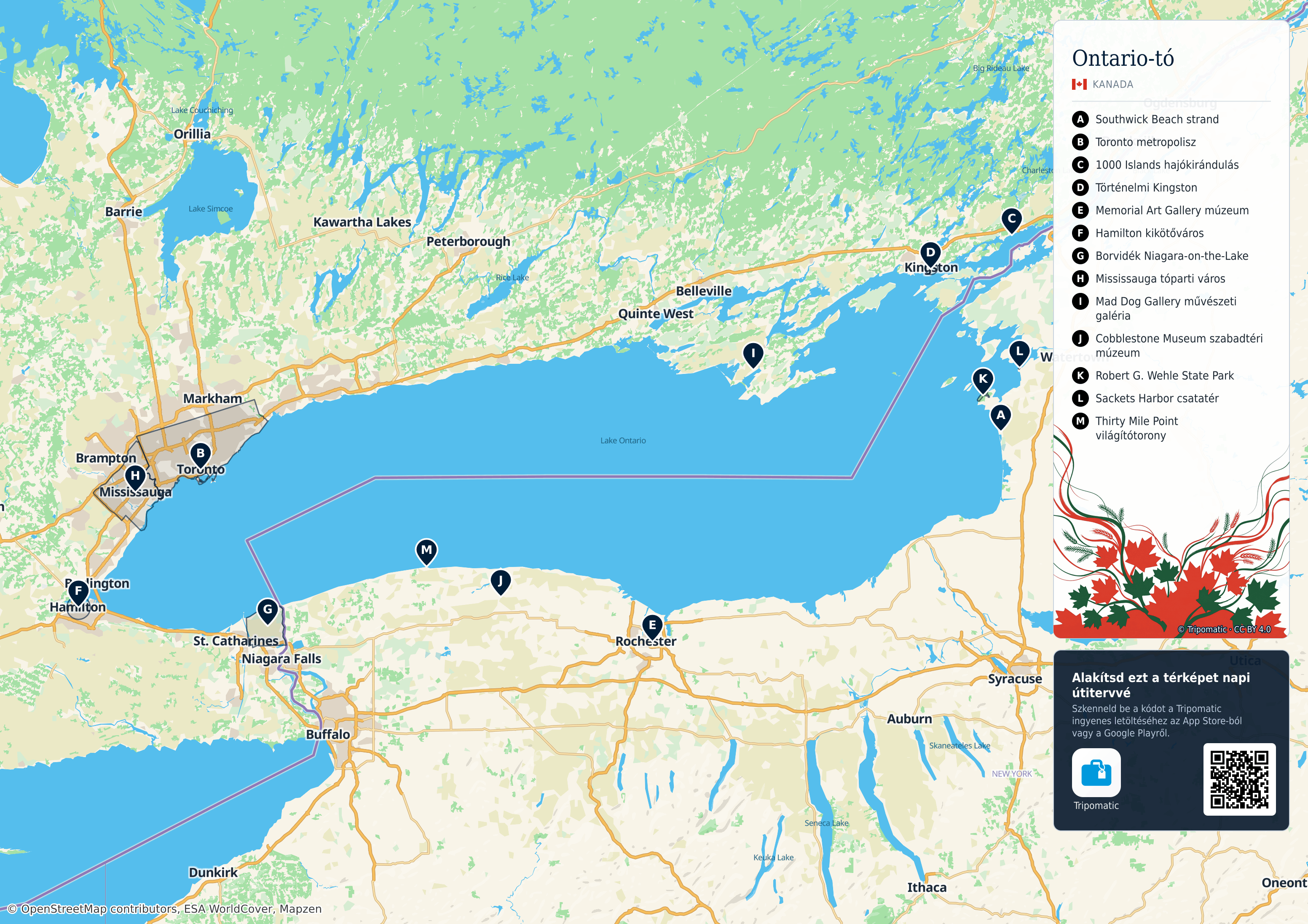 Ontario-tó – nyomtatható turistatérkép számozott legfontosabb látnivalókkal