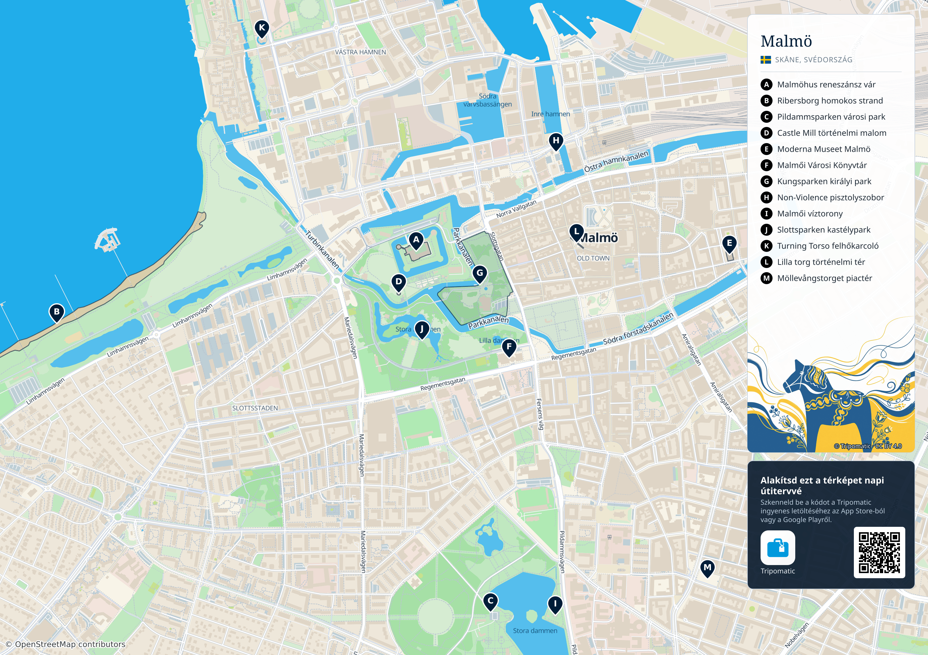Malmö – nyomtatható turistatérkép számozott legfontosabb látnivalókkal