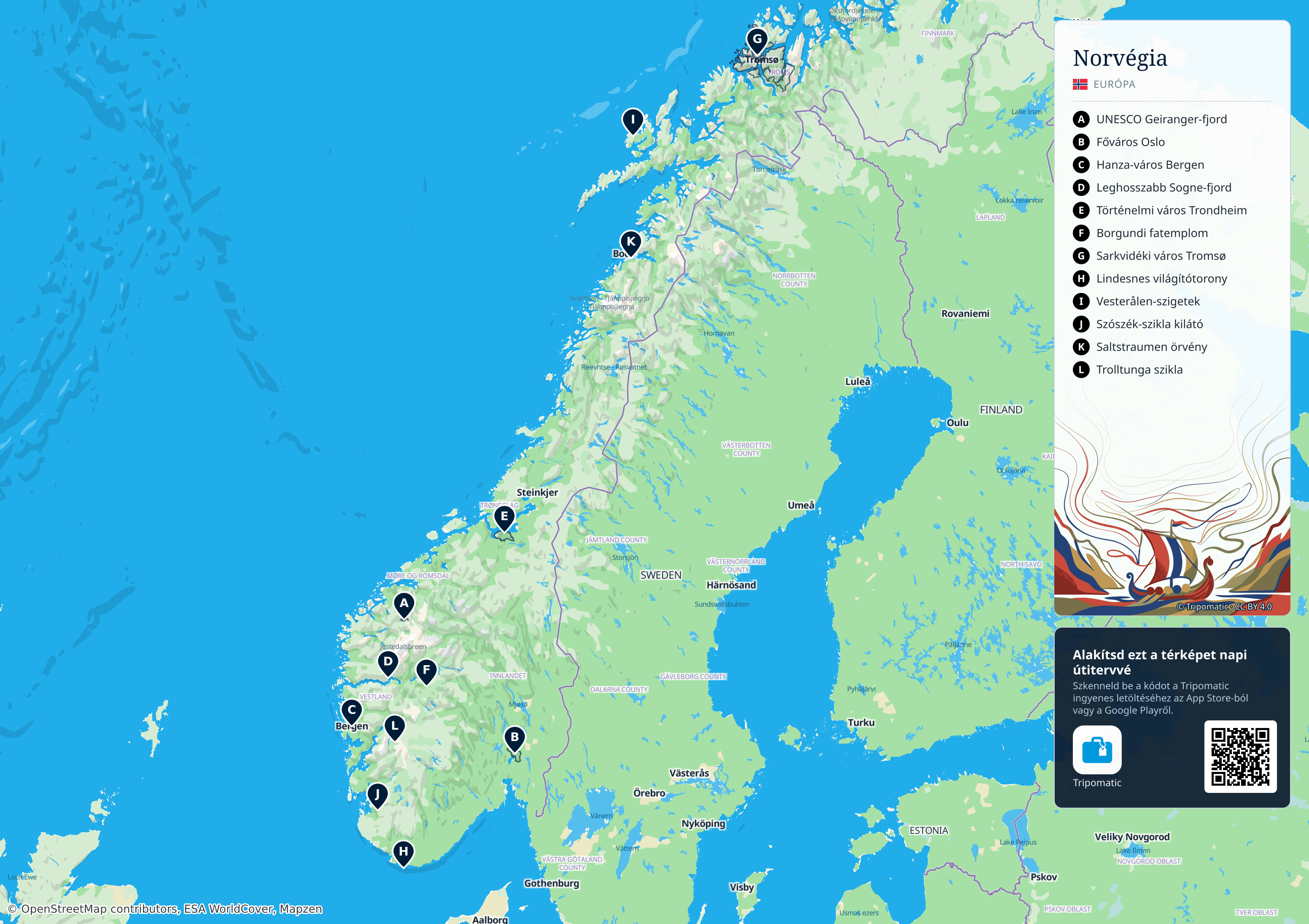 Norvégia – nyomtatható turistatérkép számozott legfontosabb látnivalókkal