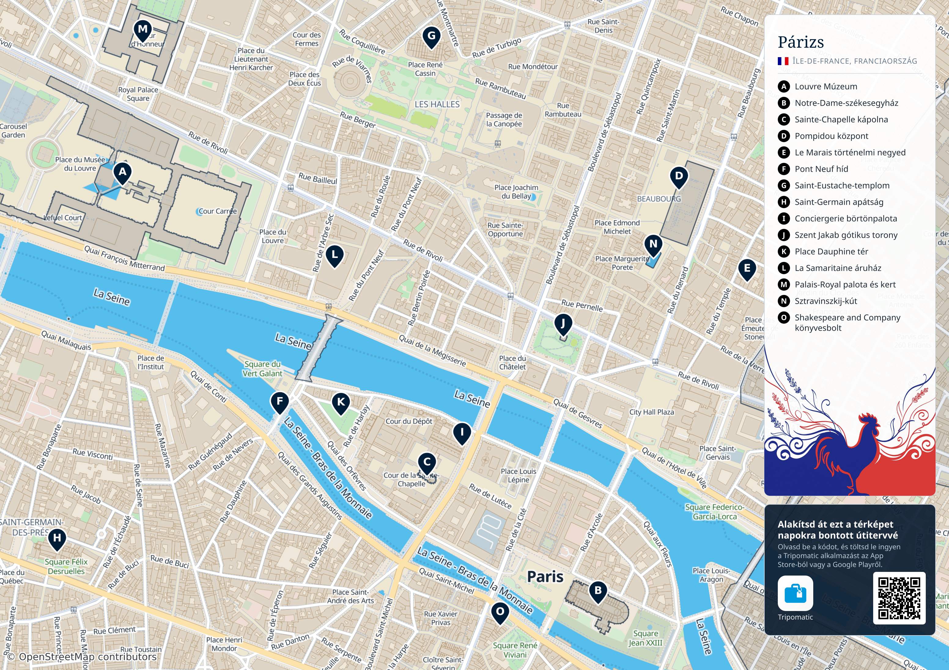 Párizs – nyomtatható turistatérkép, a legfontosabb látnivalókkal megszámozva