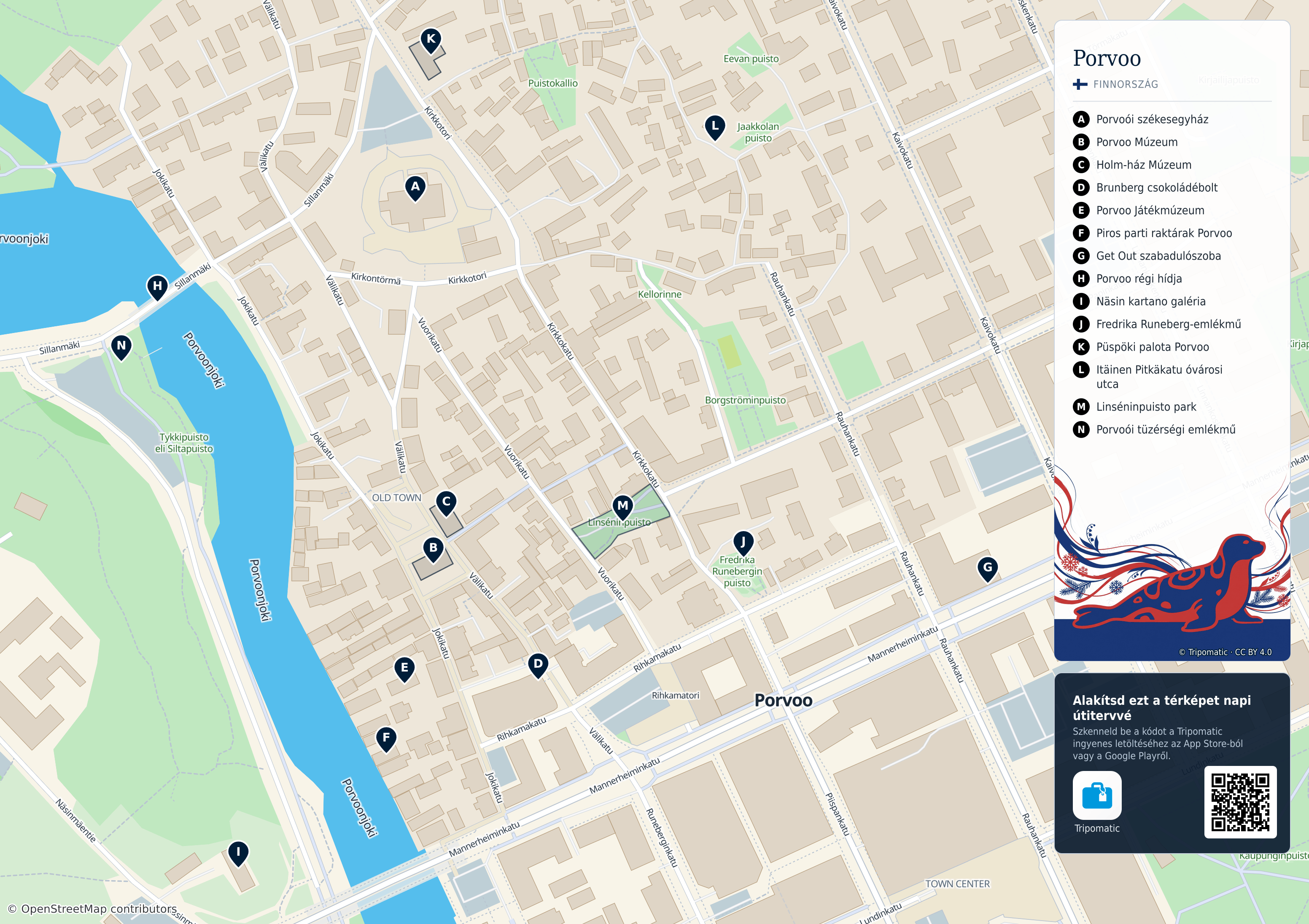 Porvoo – nyomtatható turistatérkép számozott legfontosabb látnivalókkal