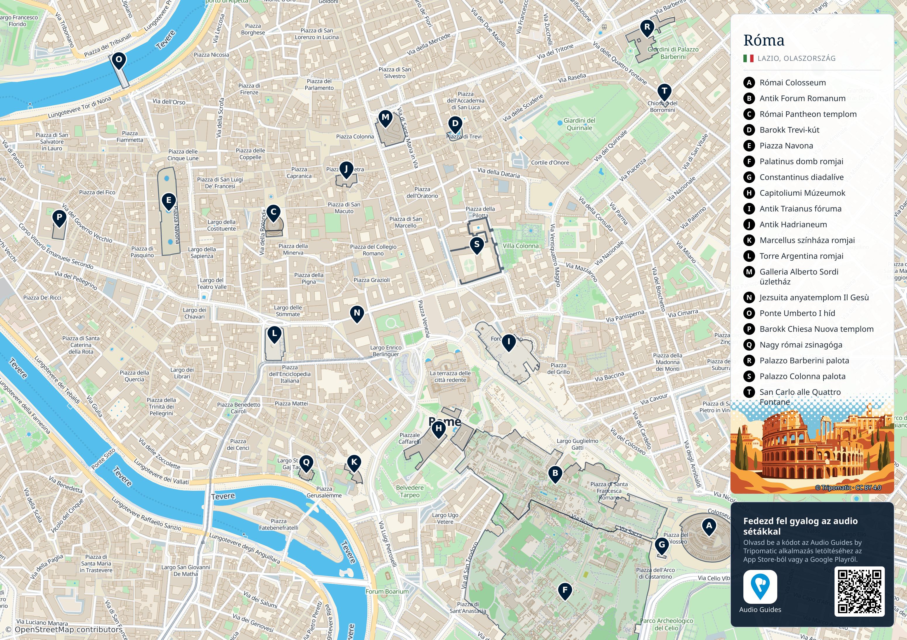 Róma – nyomtatható turistatérkép számozott legfontosabb látnivalókkal