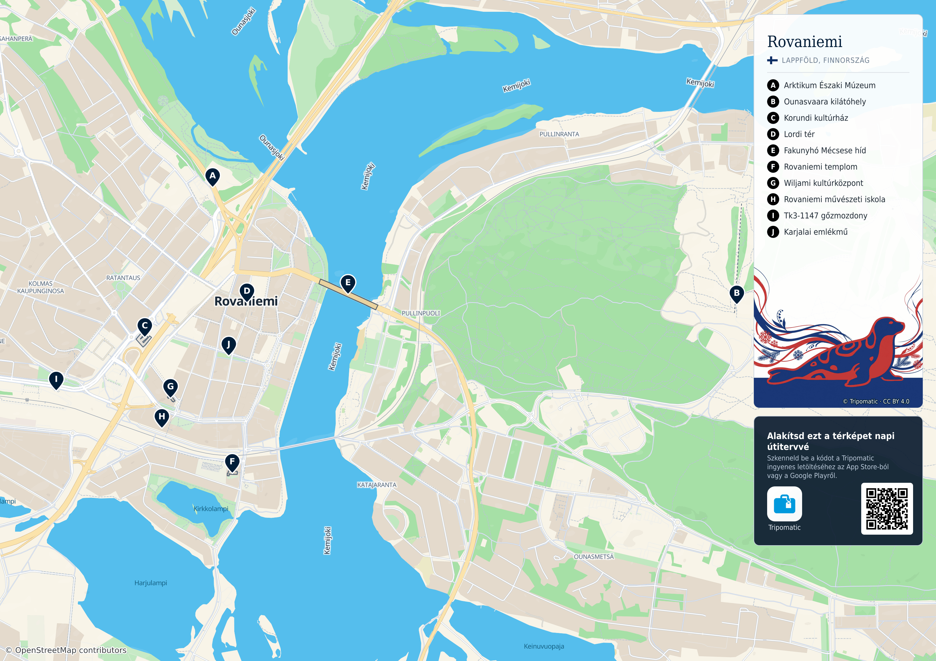 Rovaniemi – nyomtatható turistatérkép számozott legfontosabb látnivalókkal