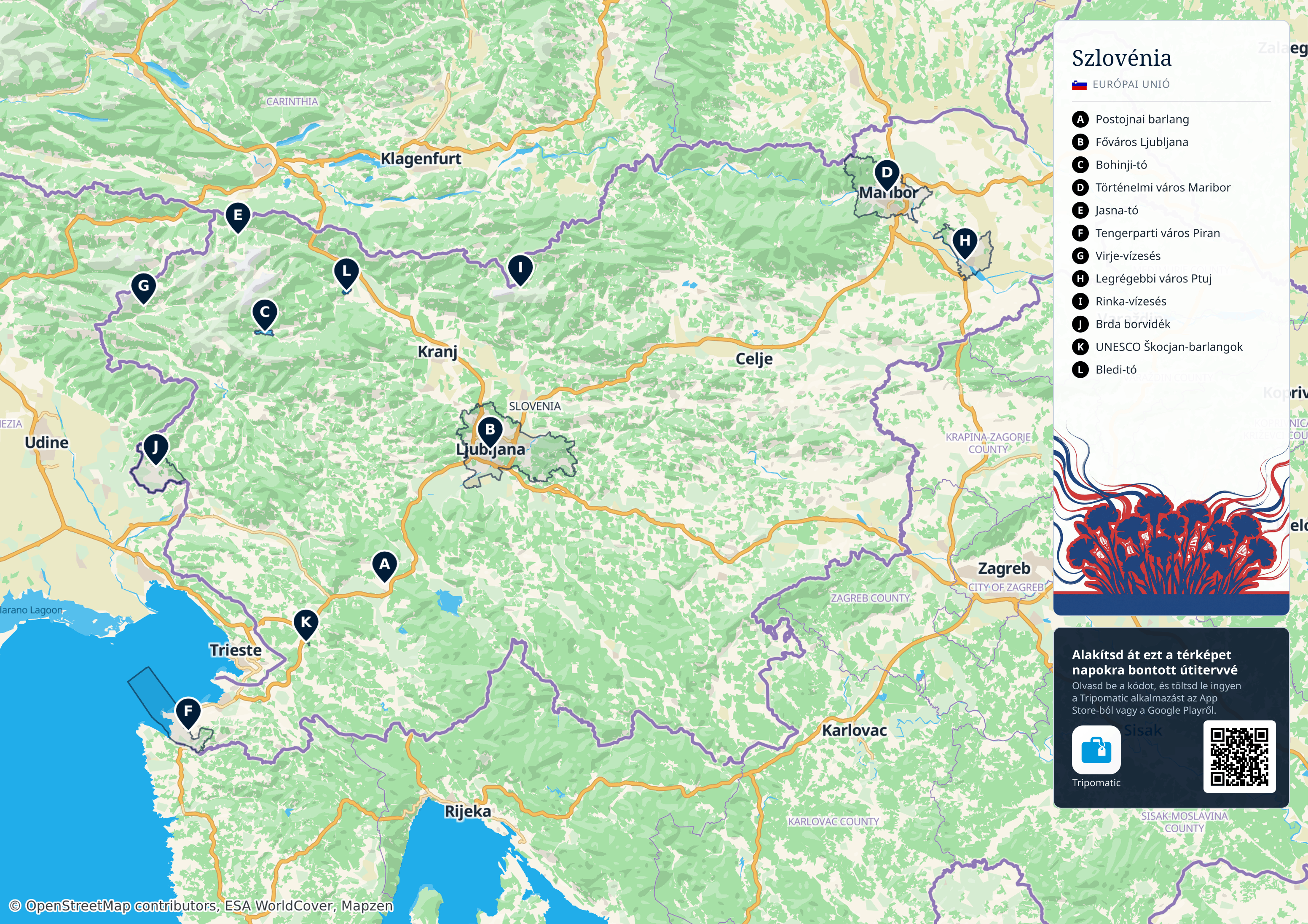 Szlovénia – nyomtatható turistatérkép, a legfontosabb látnivalókkal megszámozva