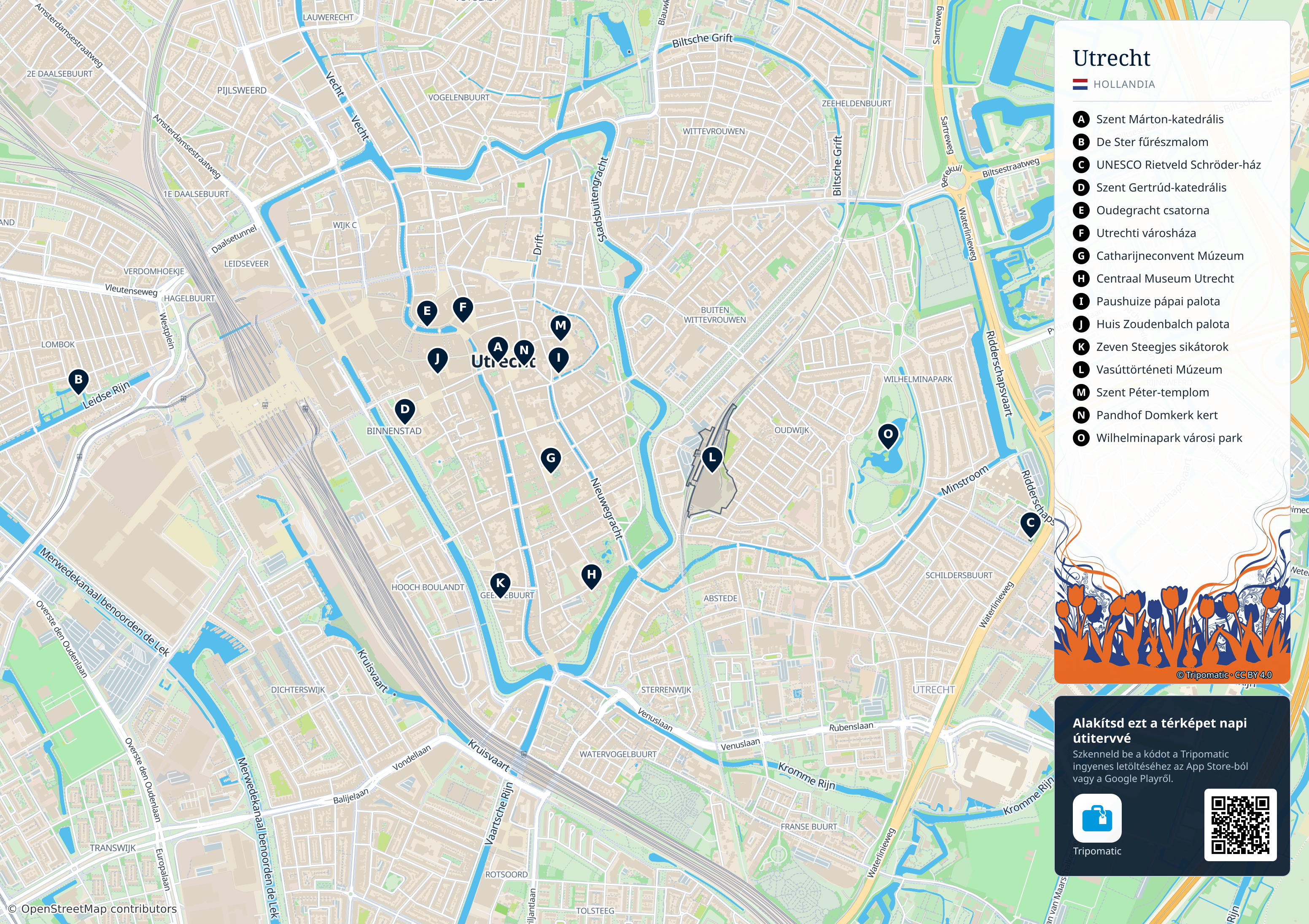 Utrecht – nyomtatható turistatérkép számozott legfontosabb látnivalókkal