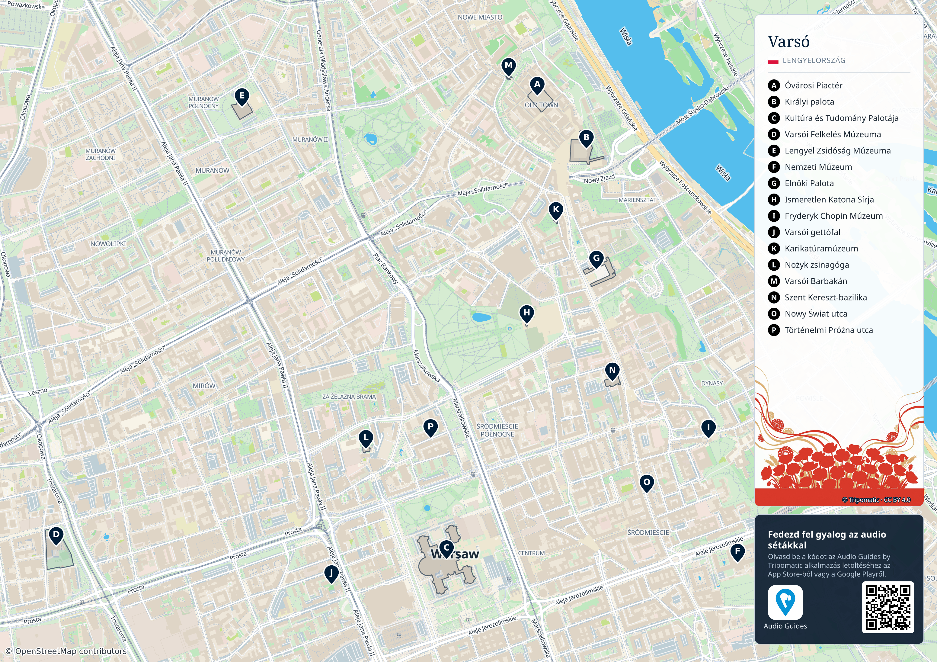 Varsó – nyomtatható turistatérkép számozott legfontosabb látnivalókkal
