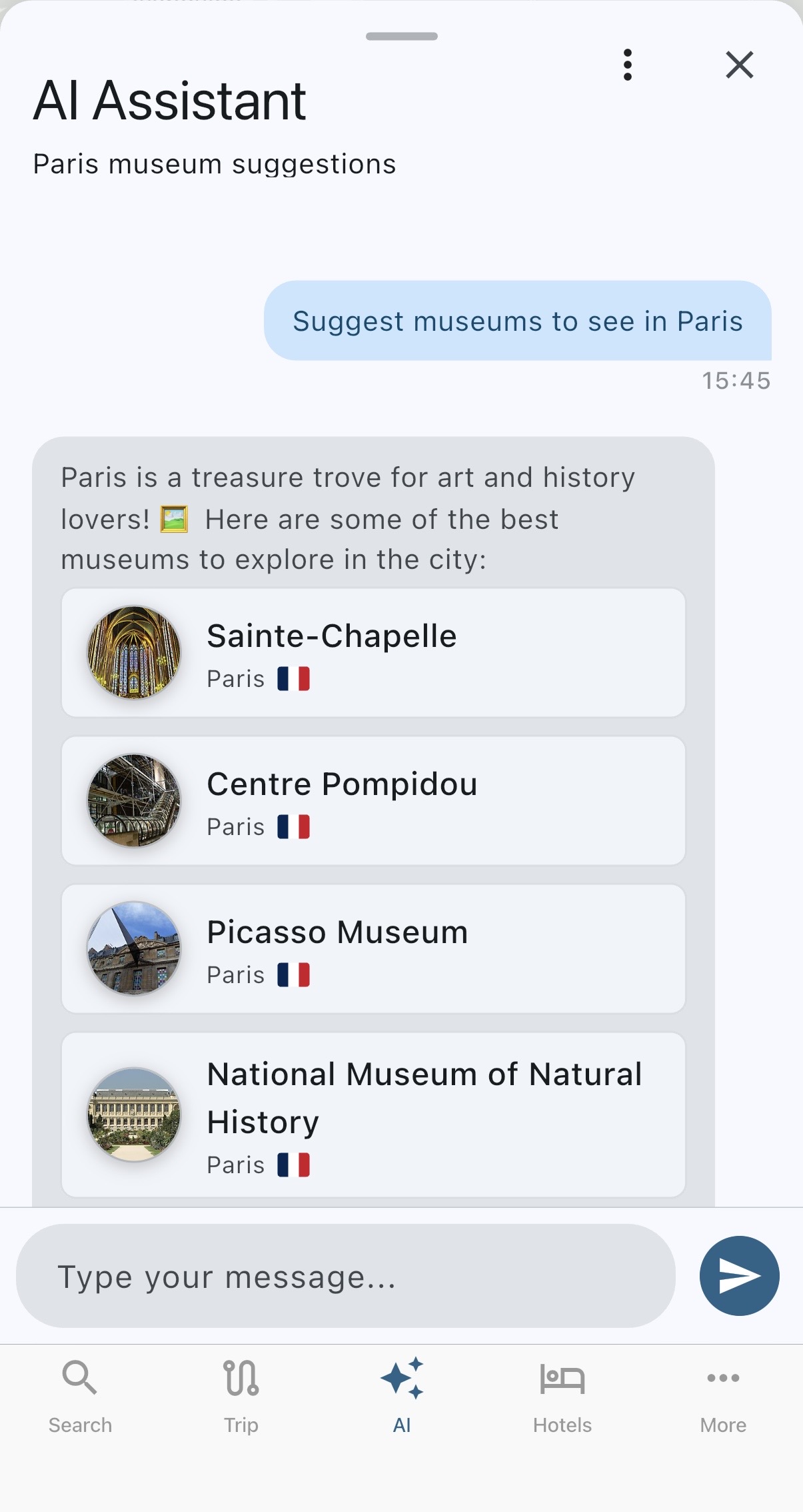 Tripomatic AI Assistant on mobile — Paris museum suggestions