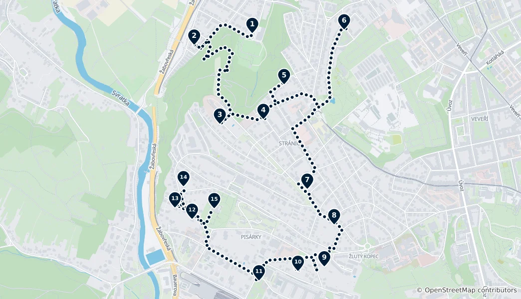Mapa trasy Brněnská vilová čtvrť