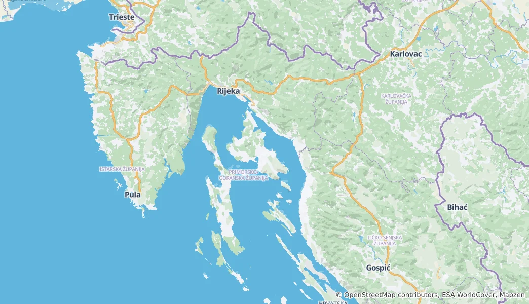 Mapa Přímořsko-gorskokotarská župa
