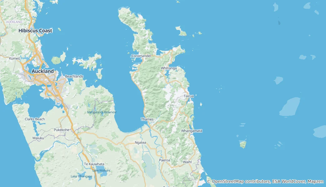 Mapa poloostrov Coromandel