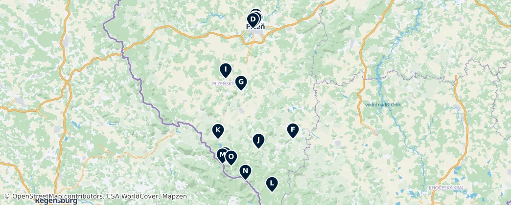 Map of Plzeňský kraj