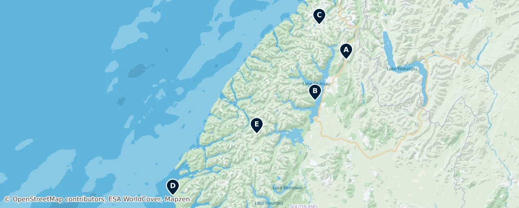 Map of Fiordland Millî Parkı