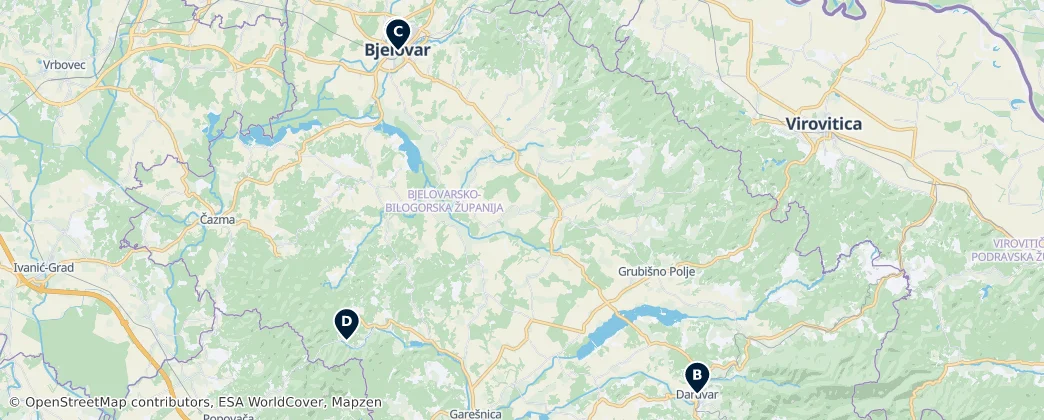 Map of Bjelovar-Bilogora County