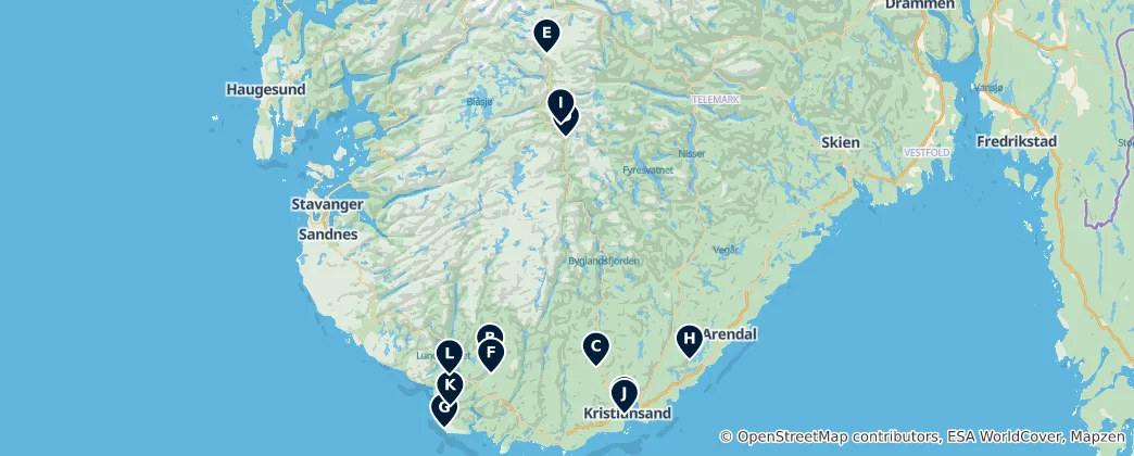 Mapa Nature and Viewpoints in Agder