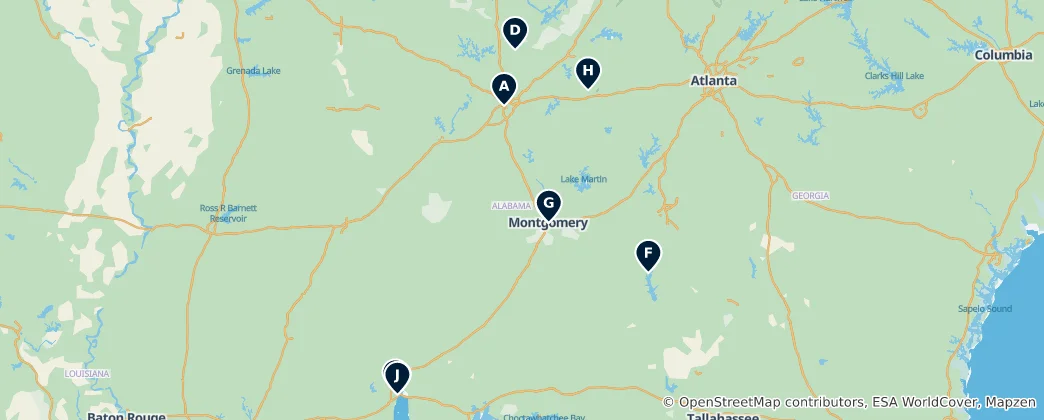 Mapa Historic Churches of Alabama
