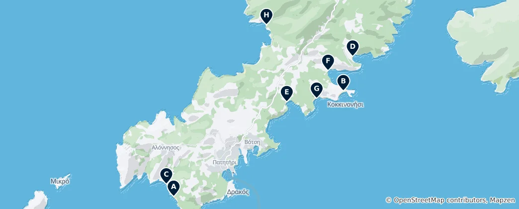 Map of Best Beaches in Alonissos