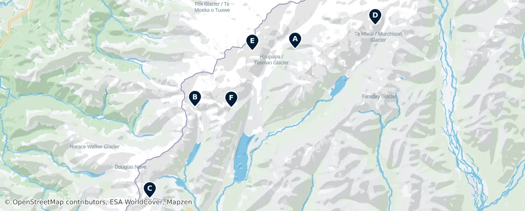 Mapa Glaciers of Aoraki / Mount Cook