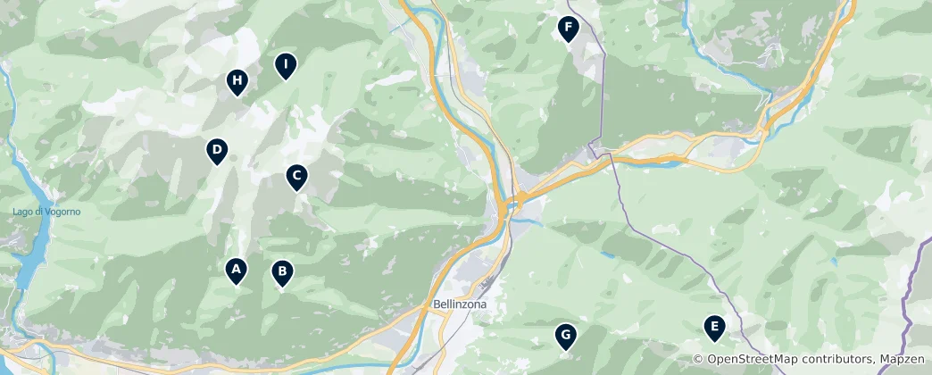 Mapa Alpine Huts near Bellinzona