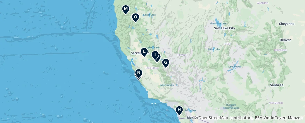 Map of California Waterfalls and Dams